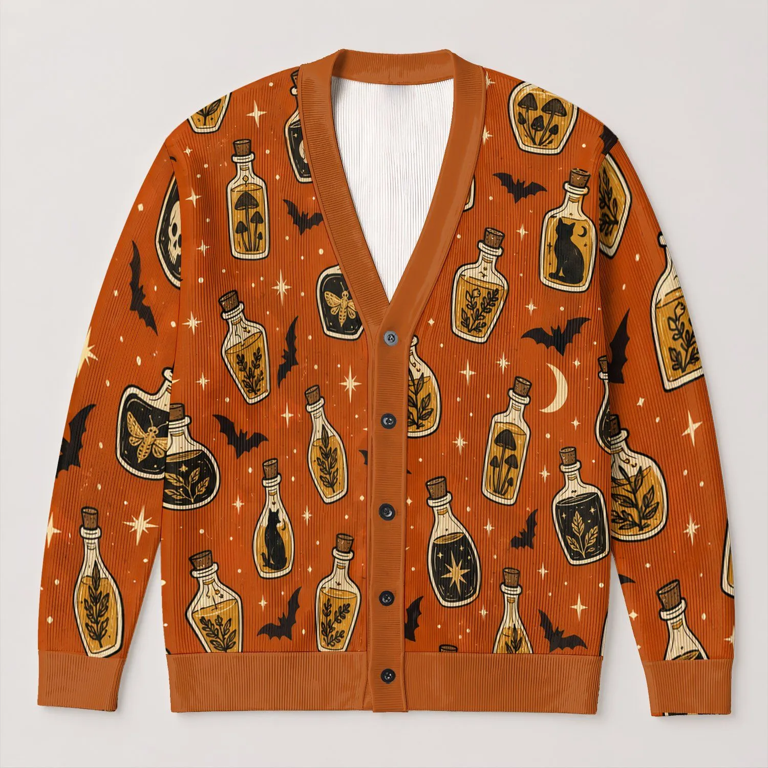 Potion Bottles, Bats and Crescent Moons for Cozy Halloween and Autumn Nights All-over Print Knitted Cardigan - 1