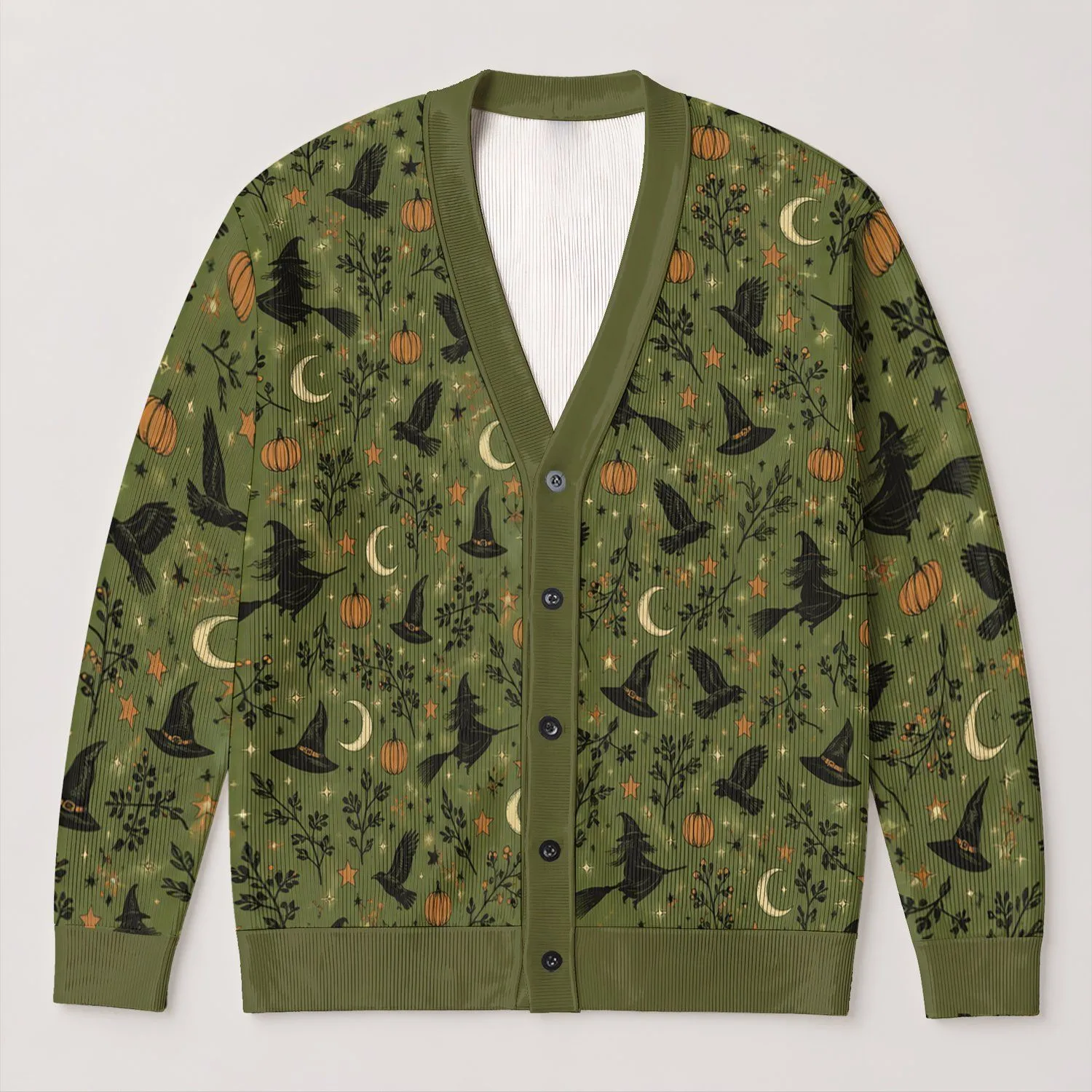 Witch Crow Pumpkin Halloween Motifs for Cozy Autumn Everyday Layering All-over Print Knitted Cardigan - 1