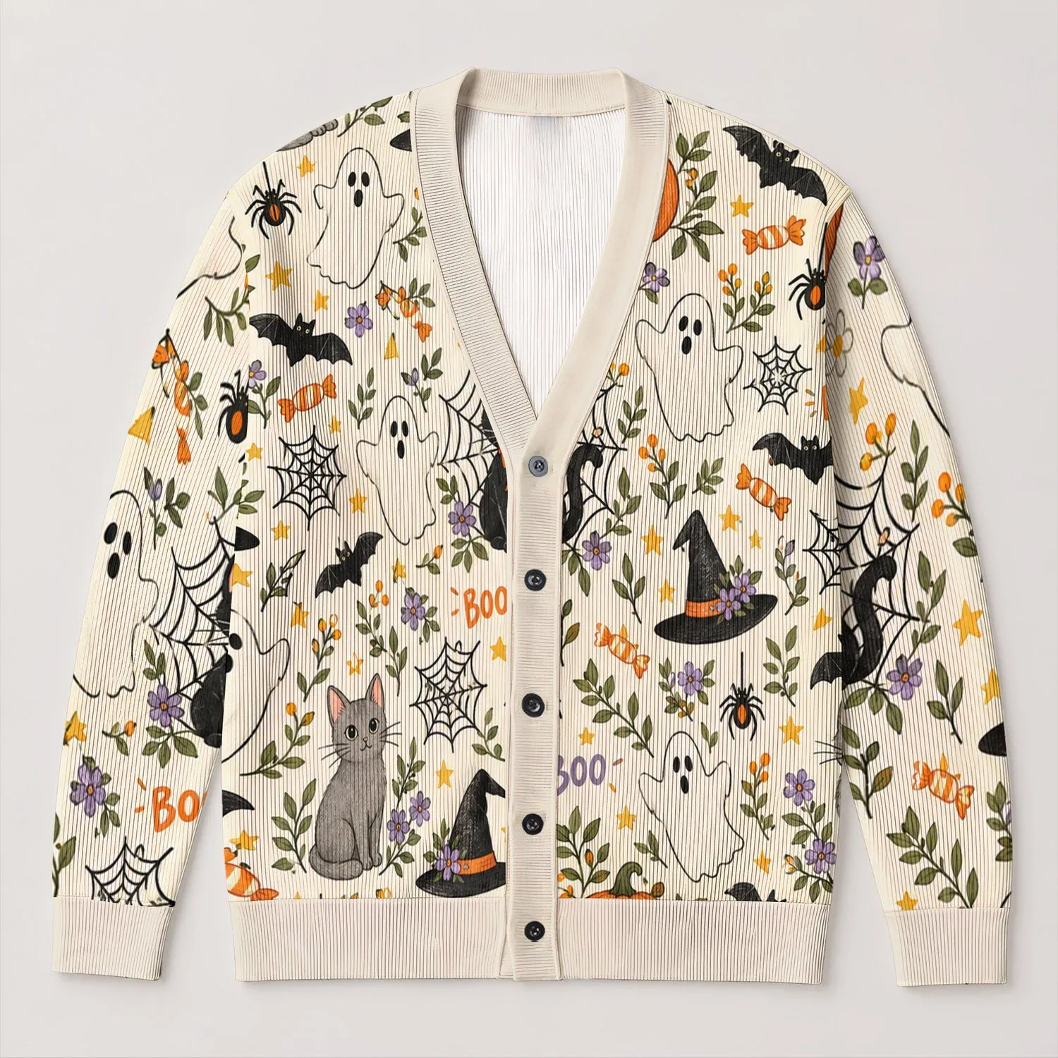 Cute Ghosts, Black Cats & Pumpkins for Cozy Halloween Season and Spooky October Outings All-over Print Knitted Cardigan - 1