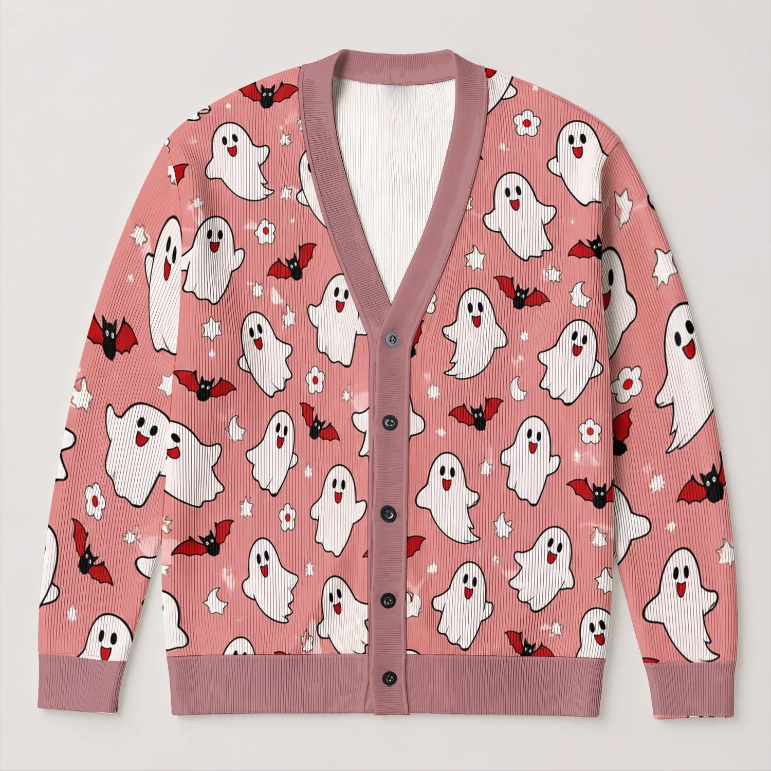 Cute Ghosts and Red-Winged Bats for Cozy Halloween Season Layering All-over Print Knitted Cardigan - 1