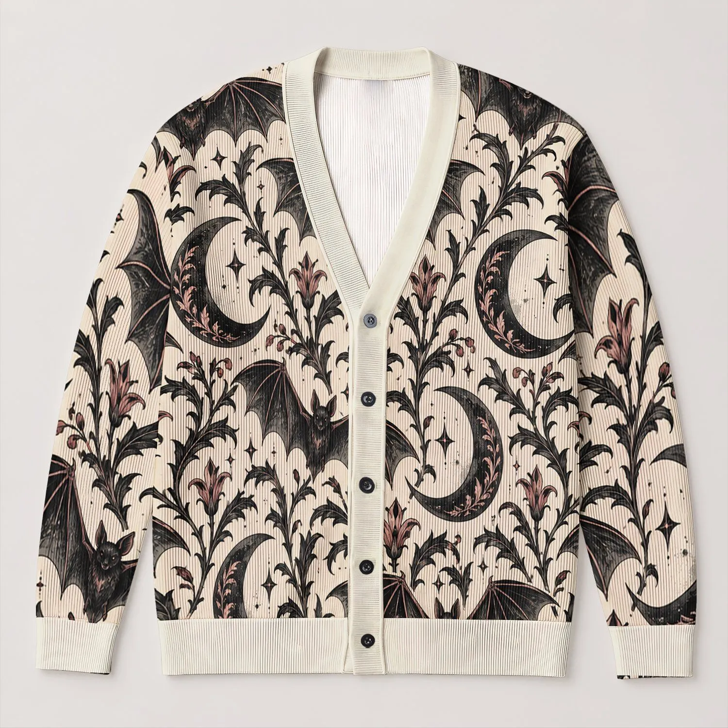 Gothic Bat And Crescent Moon Motifs For Halloween Season And Everyday Dark Style All-over Print Knitted Cardigan - 1
