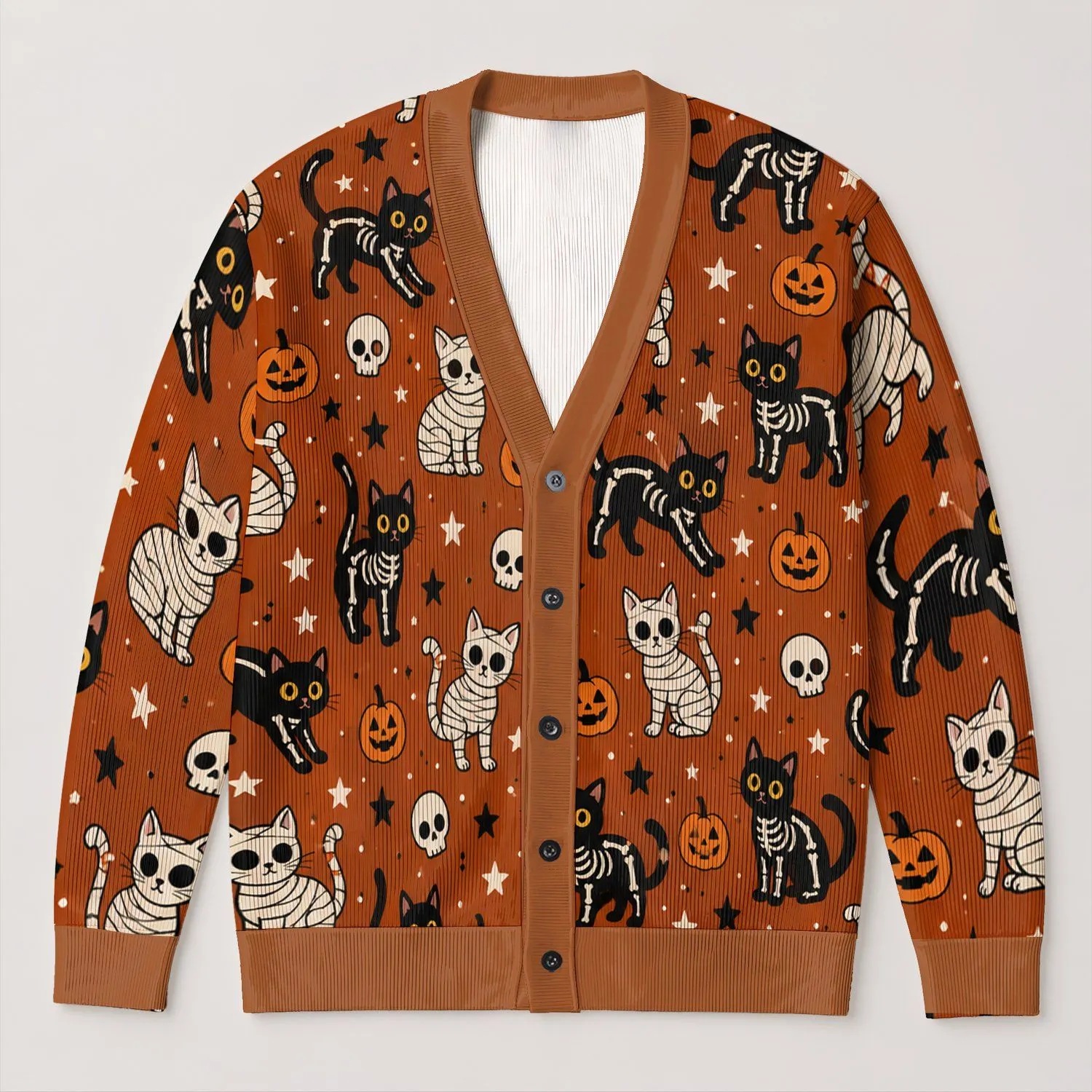 Halloween Skeleton Cats, Mummy Kittens and Pumpkins for Playful Autumn Style for Women All-over Print Knitted Cardigan - 1