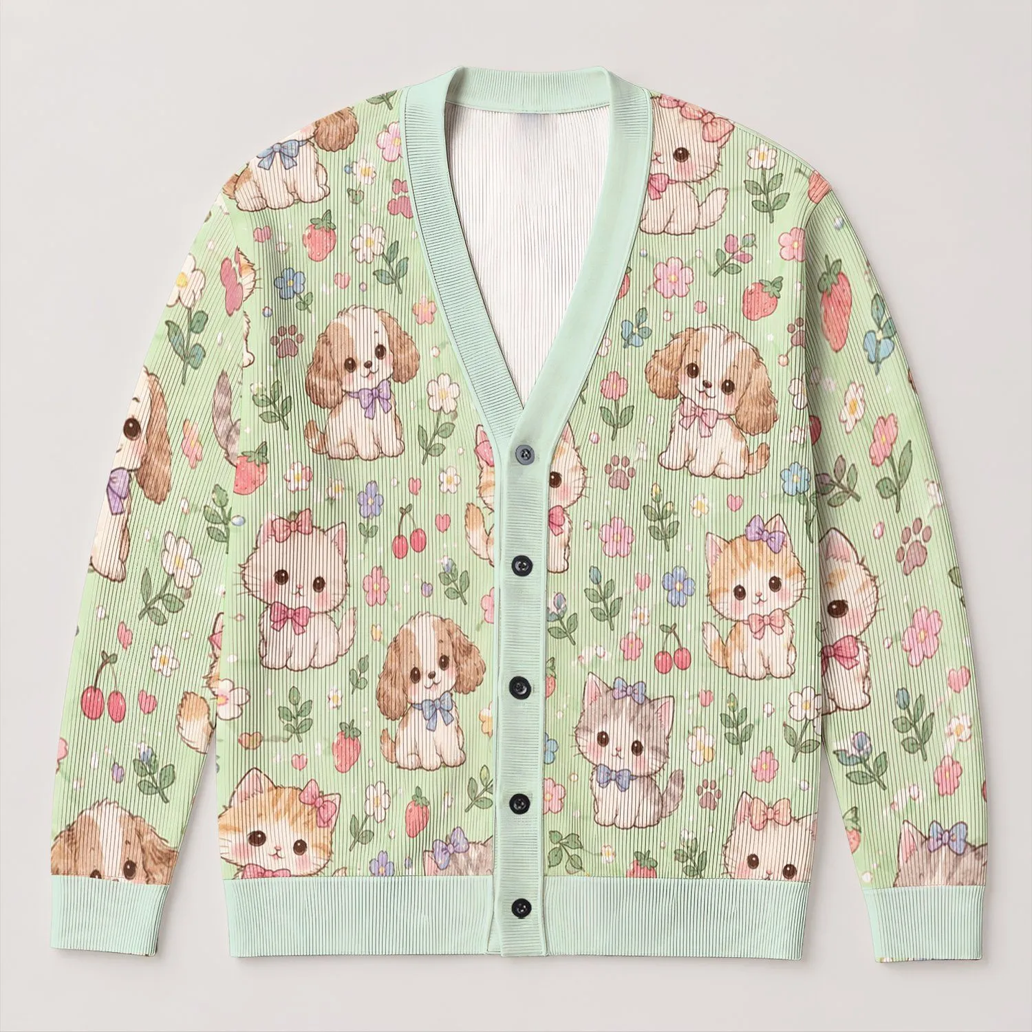 Pastel Kittens And Puppies For Cozy Everyday Layering, A Sweet Gift For Animal Lovers All-over Print Knitted Cardigan - 1