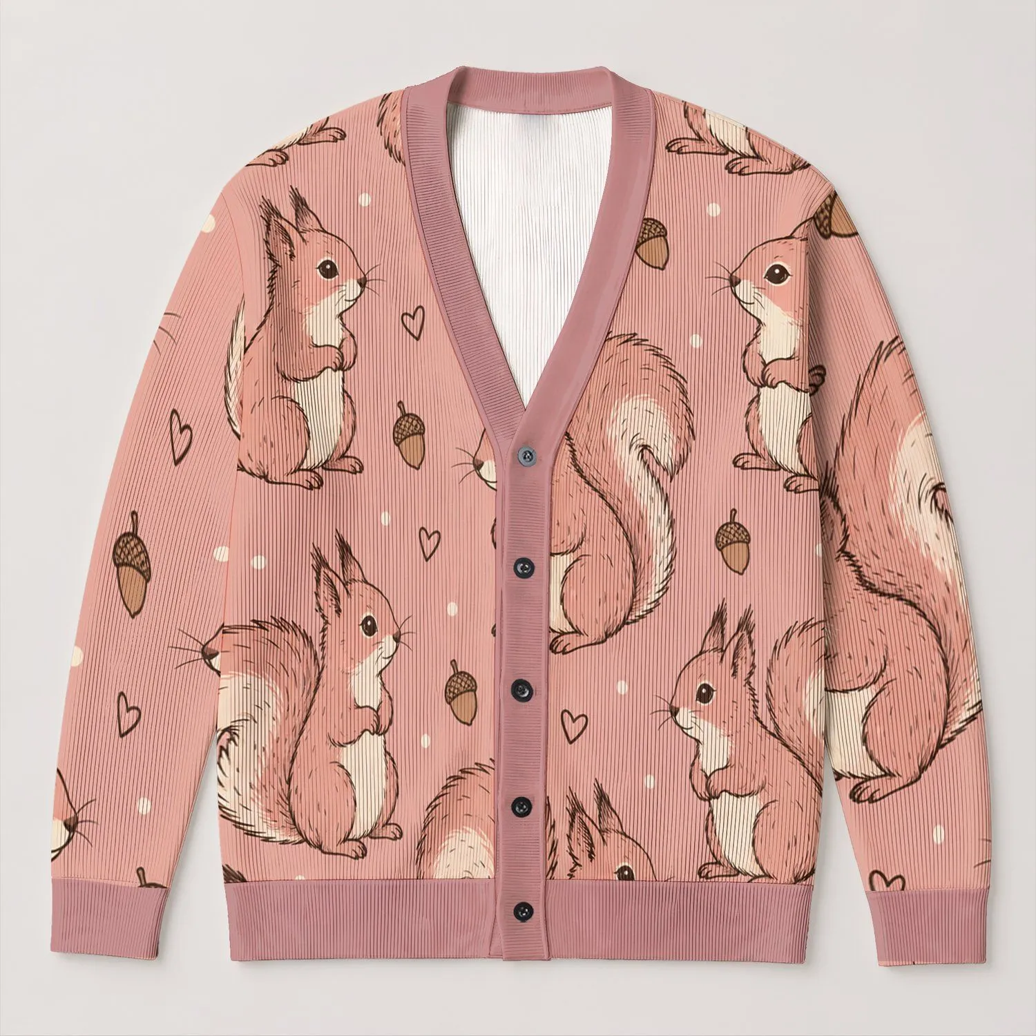 Playful Squirrel and Acorn Motifs for Cozy Autumn Days and Woodland Lovers All-over Print Knitted Cardigan - 1