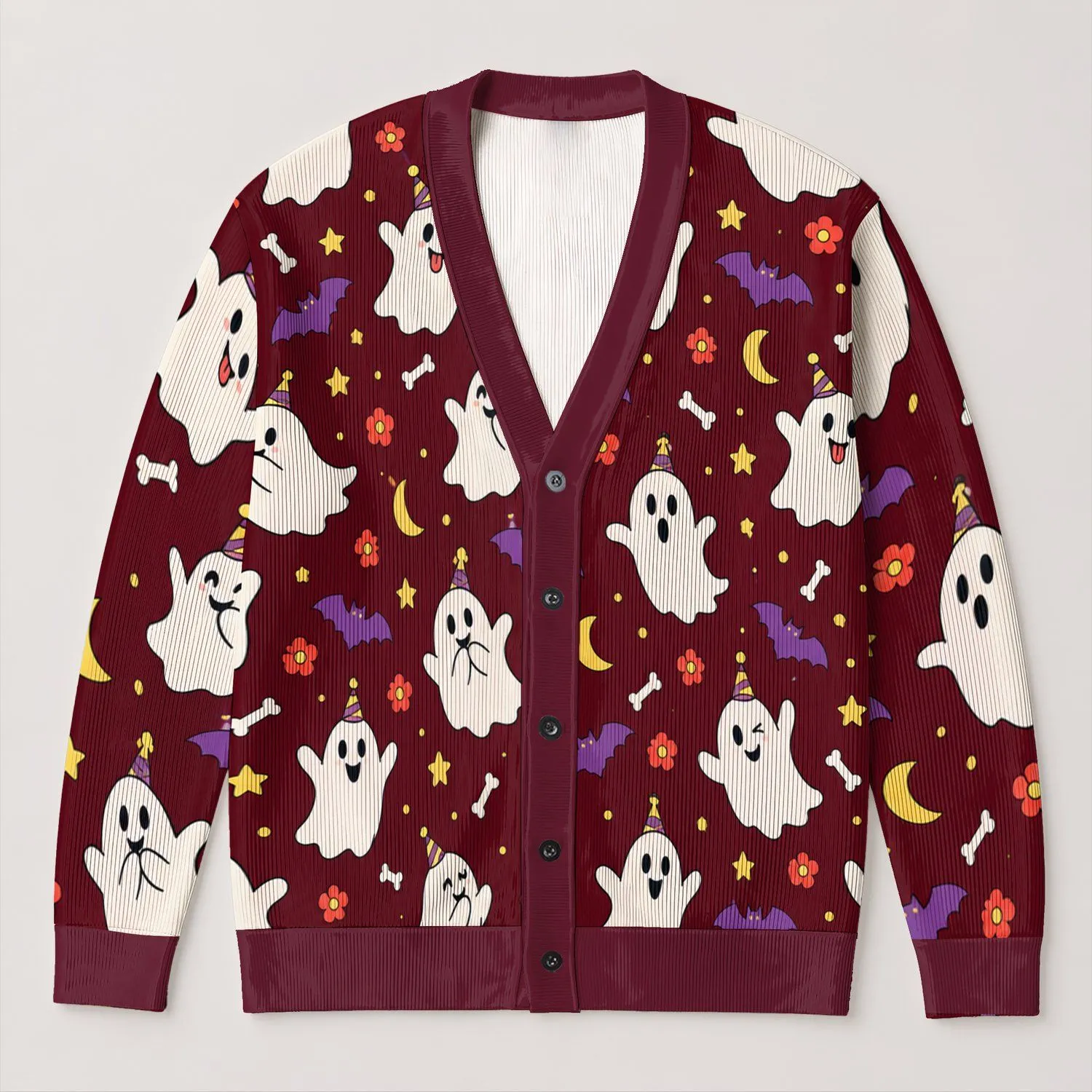 Playful Party Hat Ghosts for Halloween Celebrations and Cozy Autumn Days All-over Print Knitted Cardigan - 1