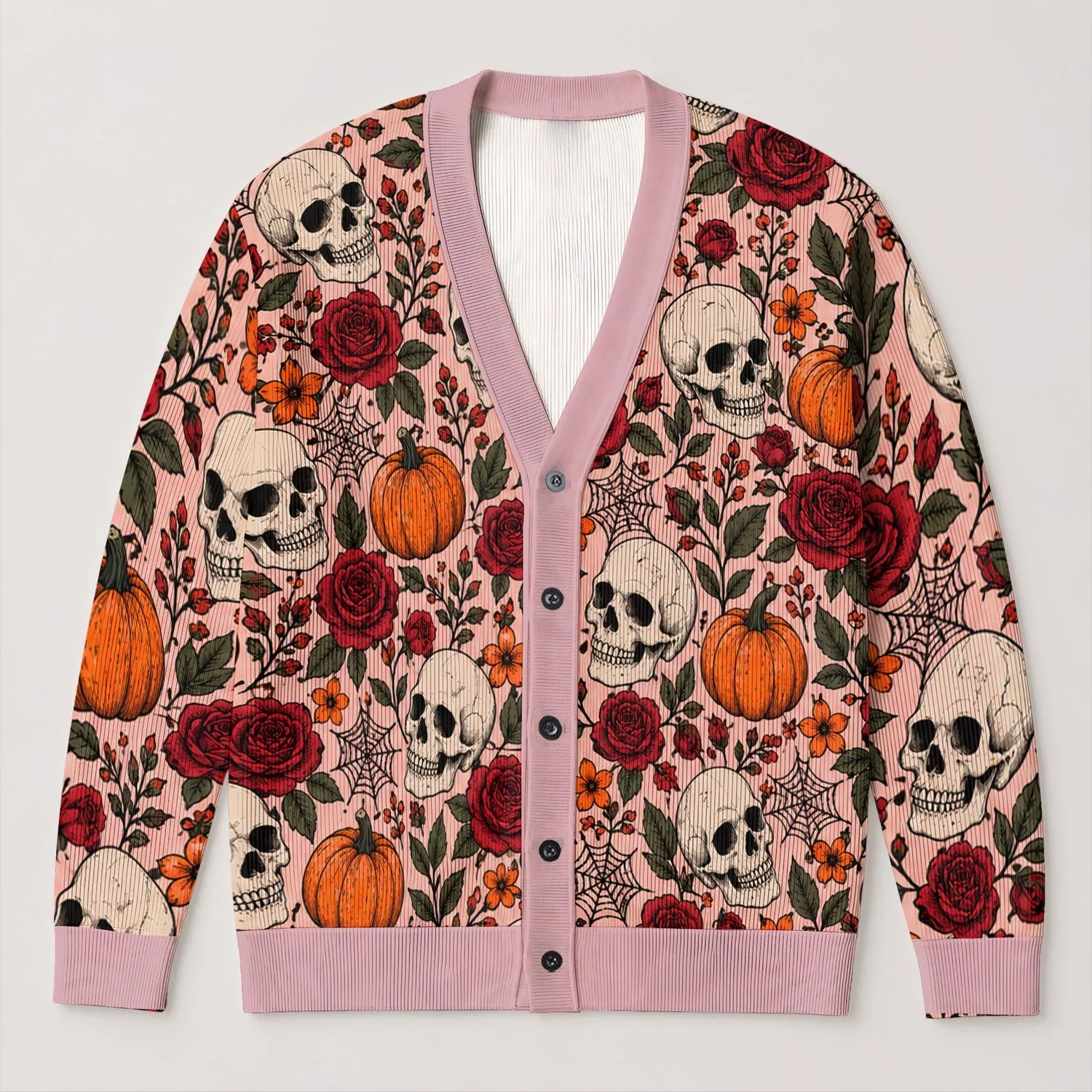 Skulls, Pumpkins And Crimson Roses For A Spooky Halloween Night All-over Print Knitted Cardigan - 1