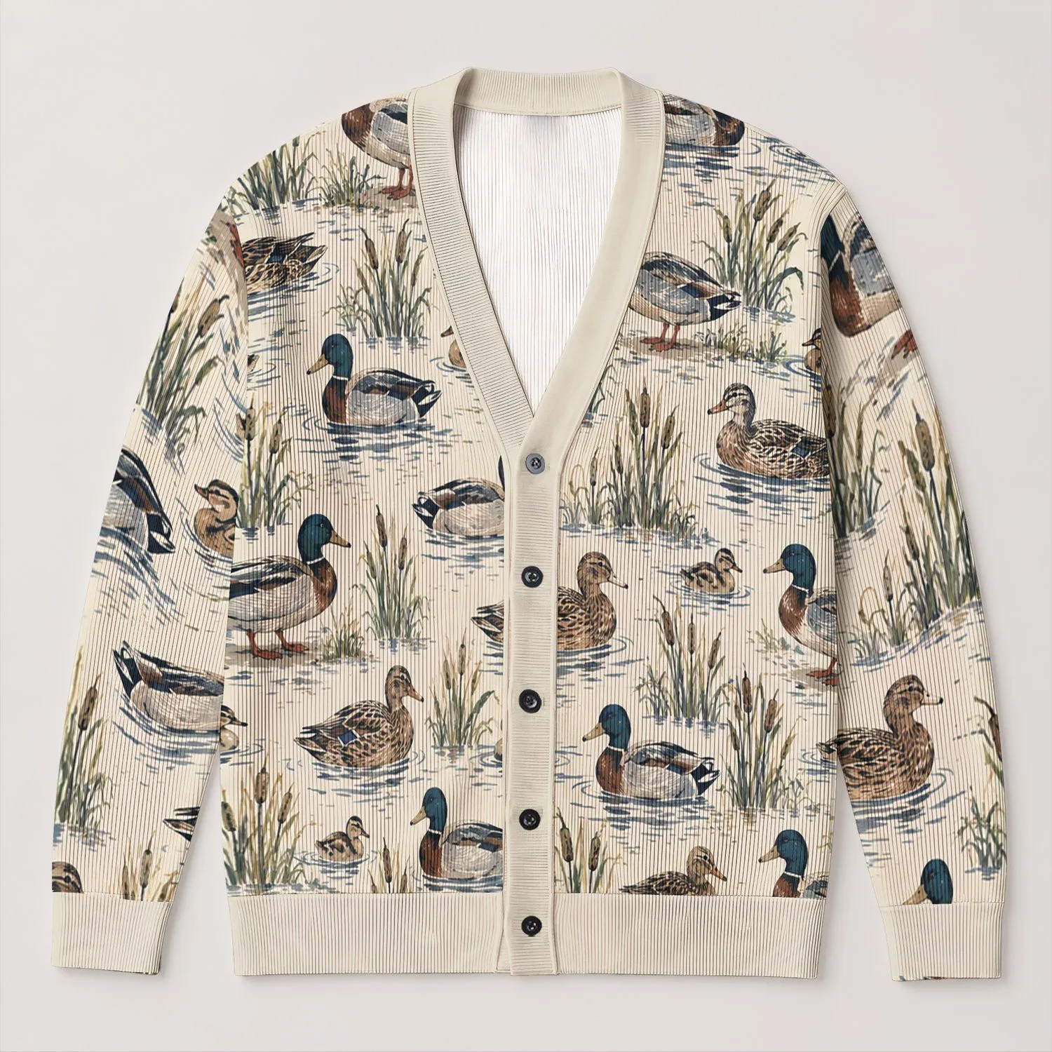 Vintage Mallard Ducks and Water Ripples for Autumn Countryside Outings All-over Print Knitted Cardigan - 1