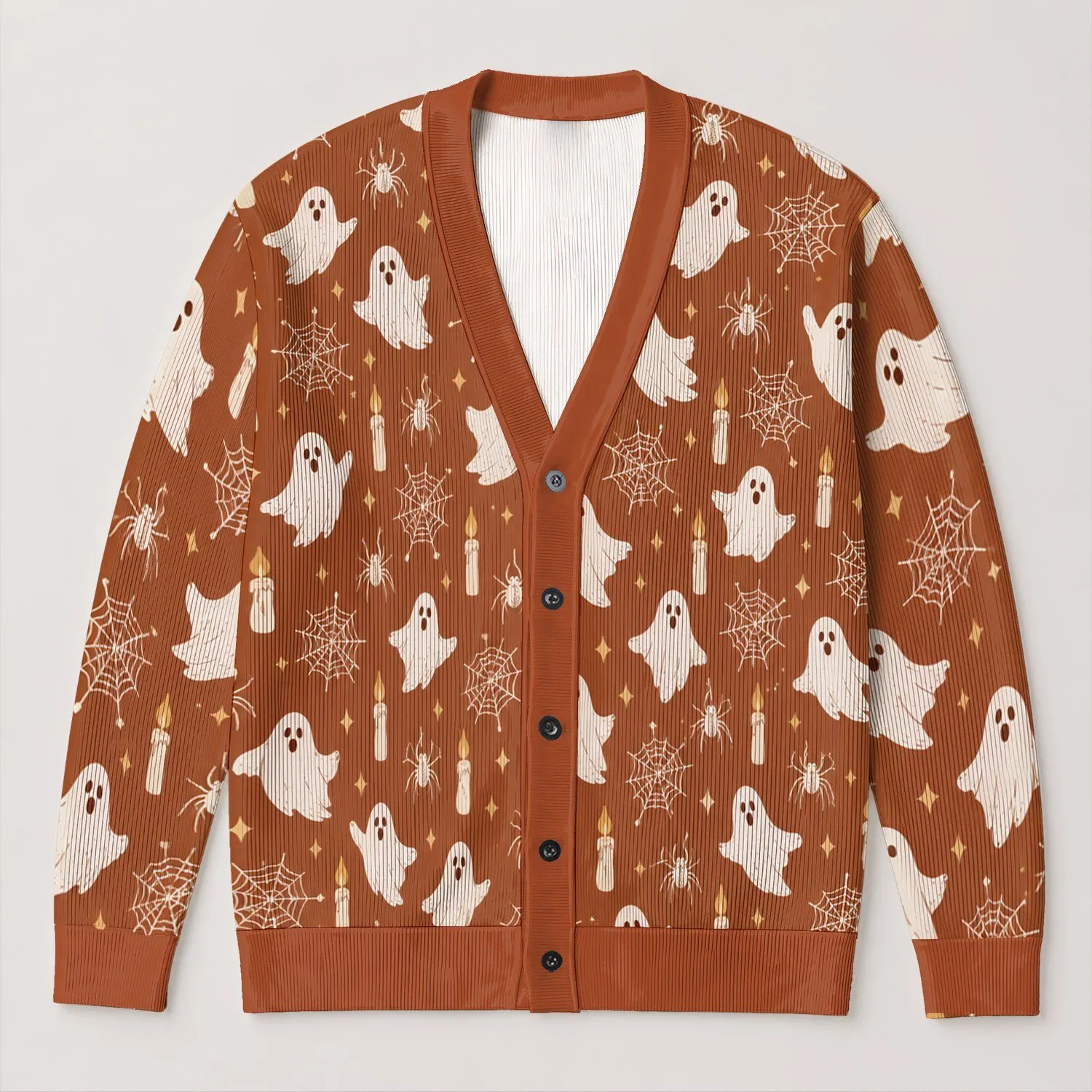 Friendly Ghosts, Cobwebs and Candlelight for Cozy Autumn Halloween Style All-over Print Knitted Cardigan - 1