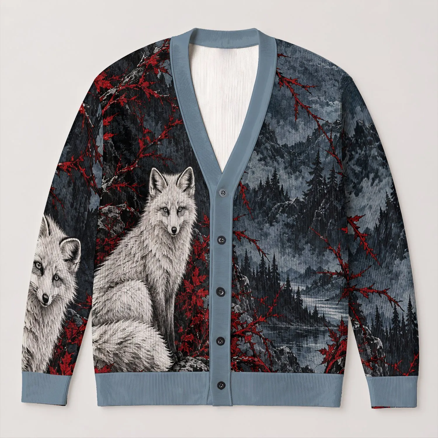 White Fox And Crimson Thorn Branches For Moody Woodland Autumn Layering All-over Print Knitted Cardigan - 1