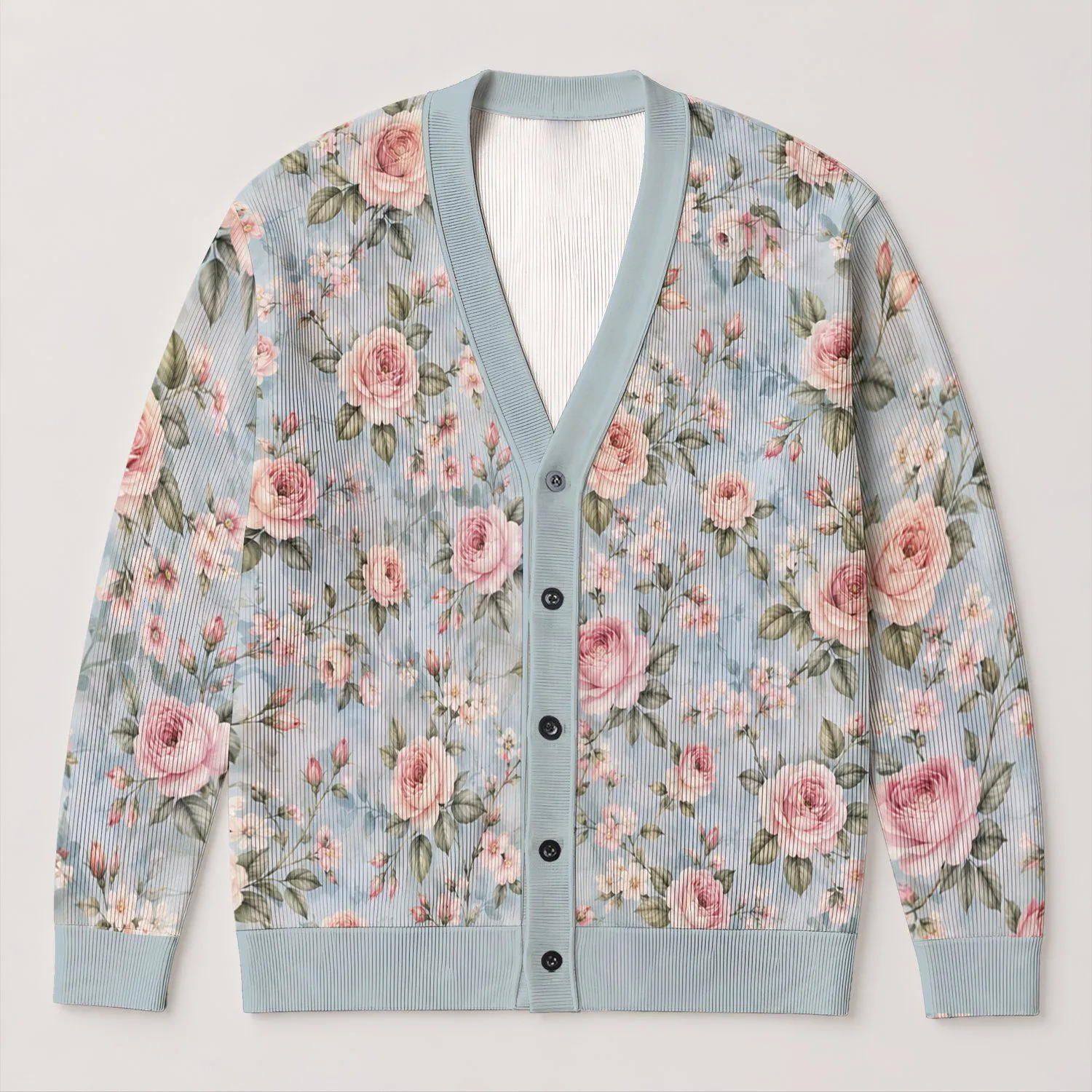 Blush Rose Garden Florals for Coastal Everyday Style and Relaxed Weekend Layering All-over Print Knitted Cardigan - 1