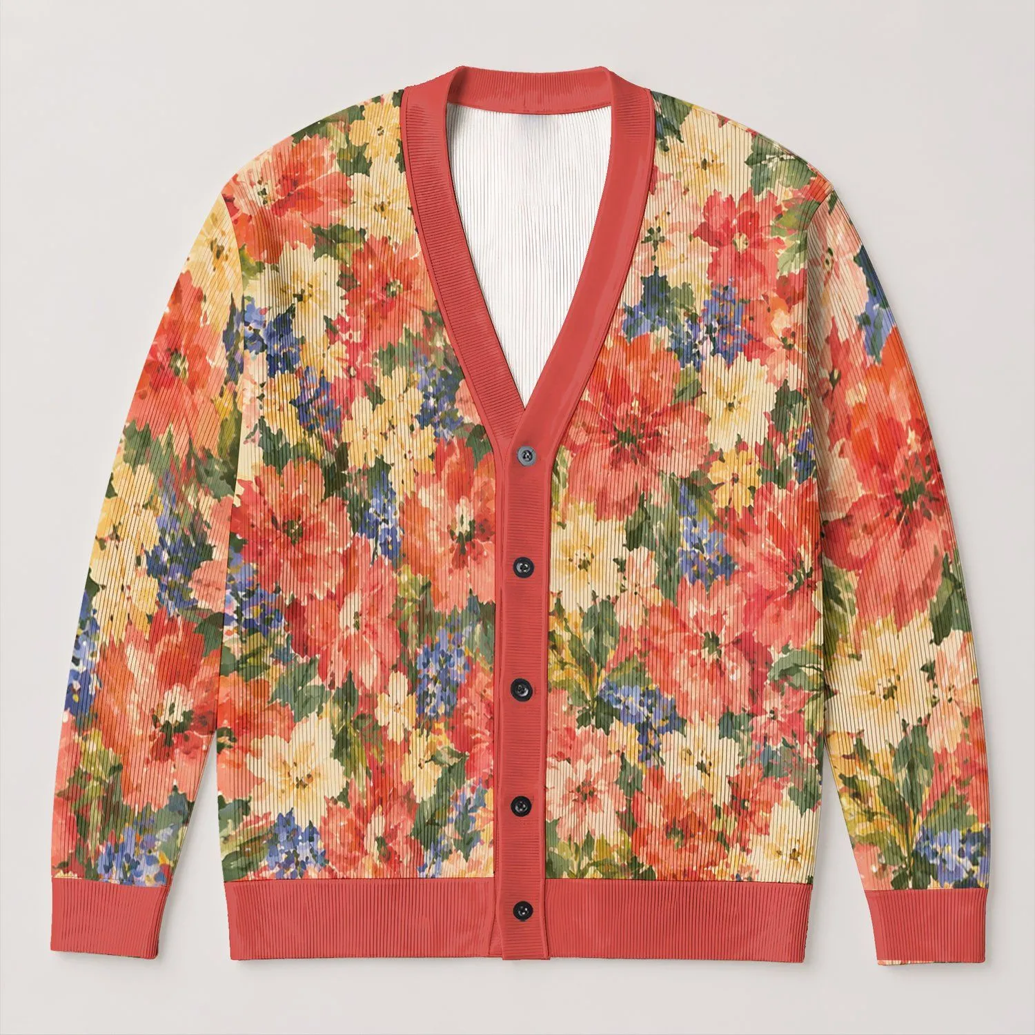 Coral Wildflower Floral for Cozy Autumn Layering and Everyday Wear All-over Print Knitted Cardigan - 1