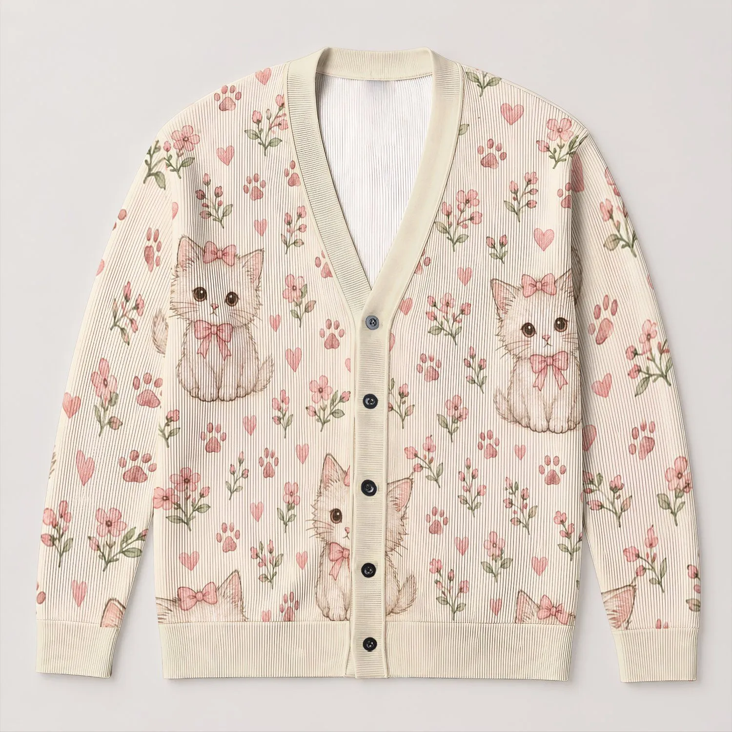 Blush Bow Kitten Hearts And Paw Prints For Cozy Autumn Days And Sweet Cat Lovers All-over Print Knitted Cardigan - 1