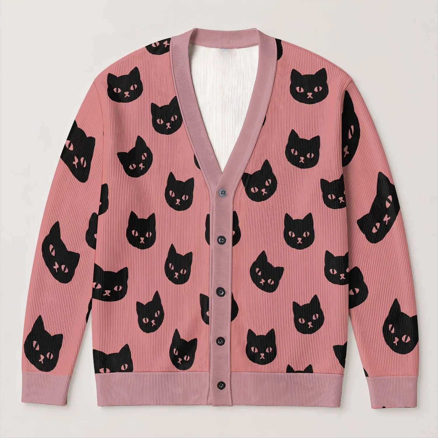 Black Cat Faces on Dusty Rose for Cozy Everyday Autumn Layering All-over Print Knitted Cardigan - 1