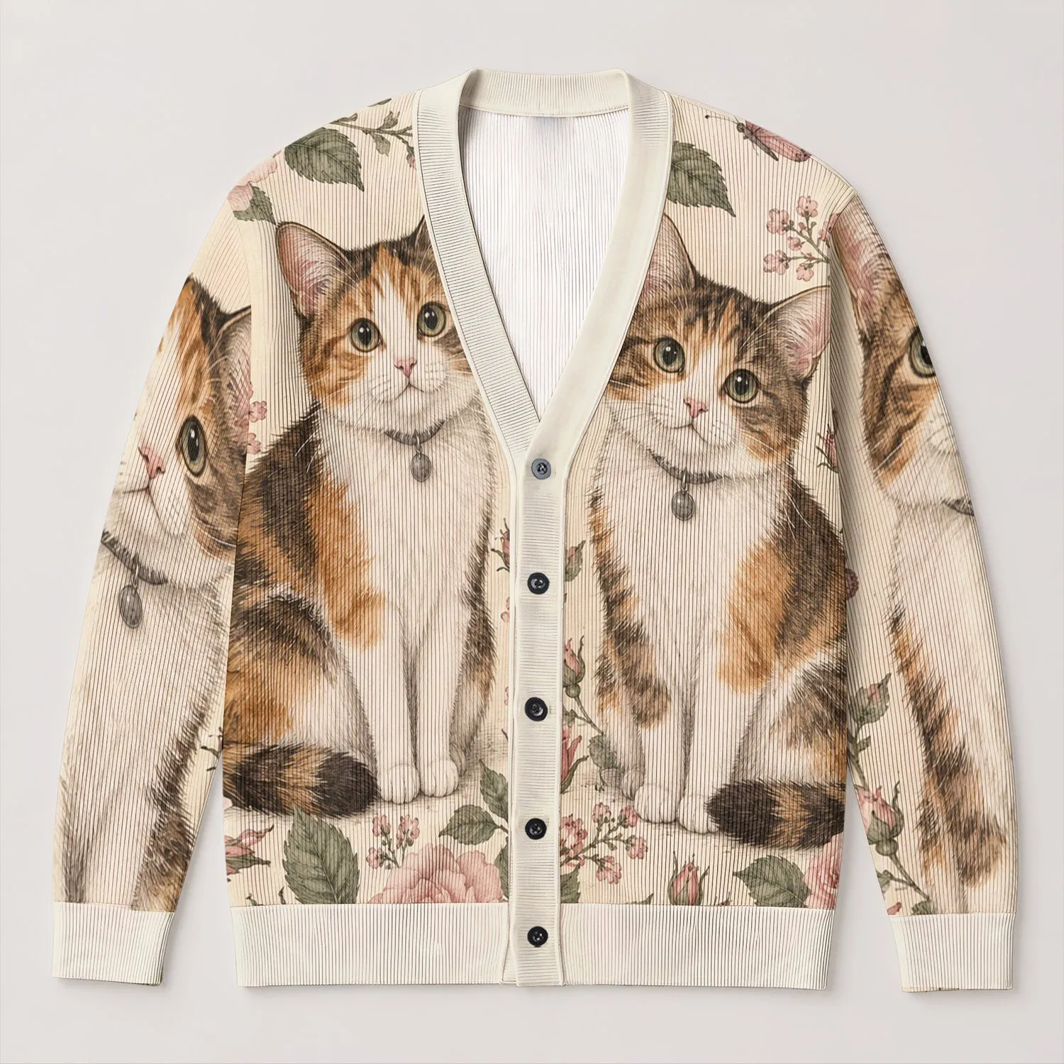 Calico Cats With Blush Roses for Cozy Everyday Layering and Cat Lover Style All-over Print Knitted Cardigan - 1