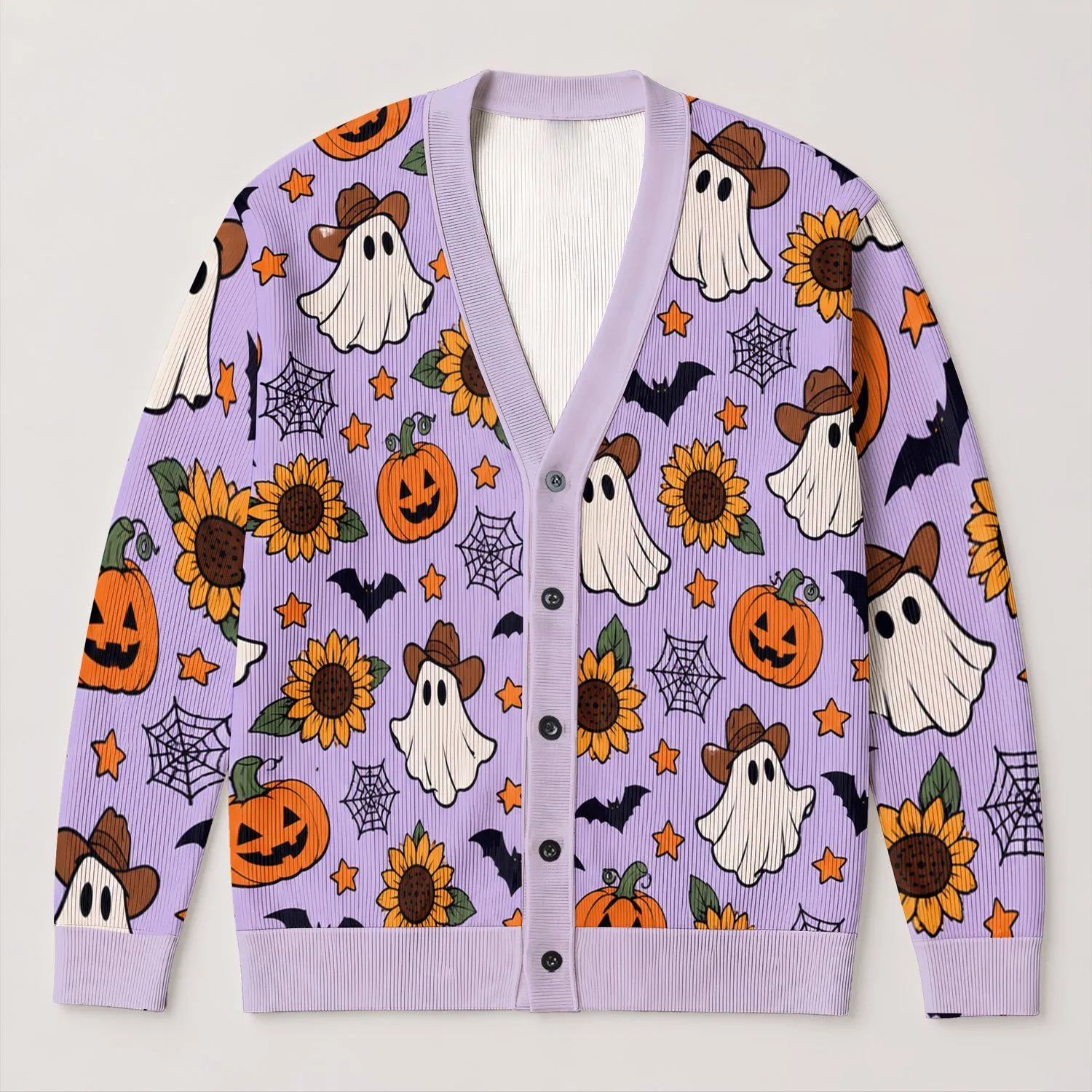 Cowboy Ghosts And Jack-O'-Lanterns For Cozy Halloween Season All-over Print Knitted Cardigan - 1