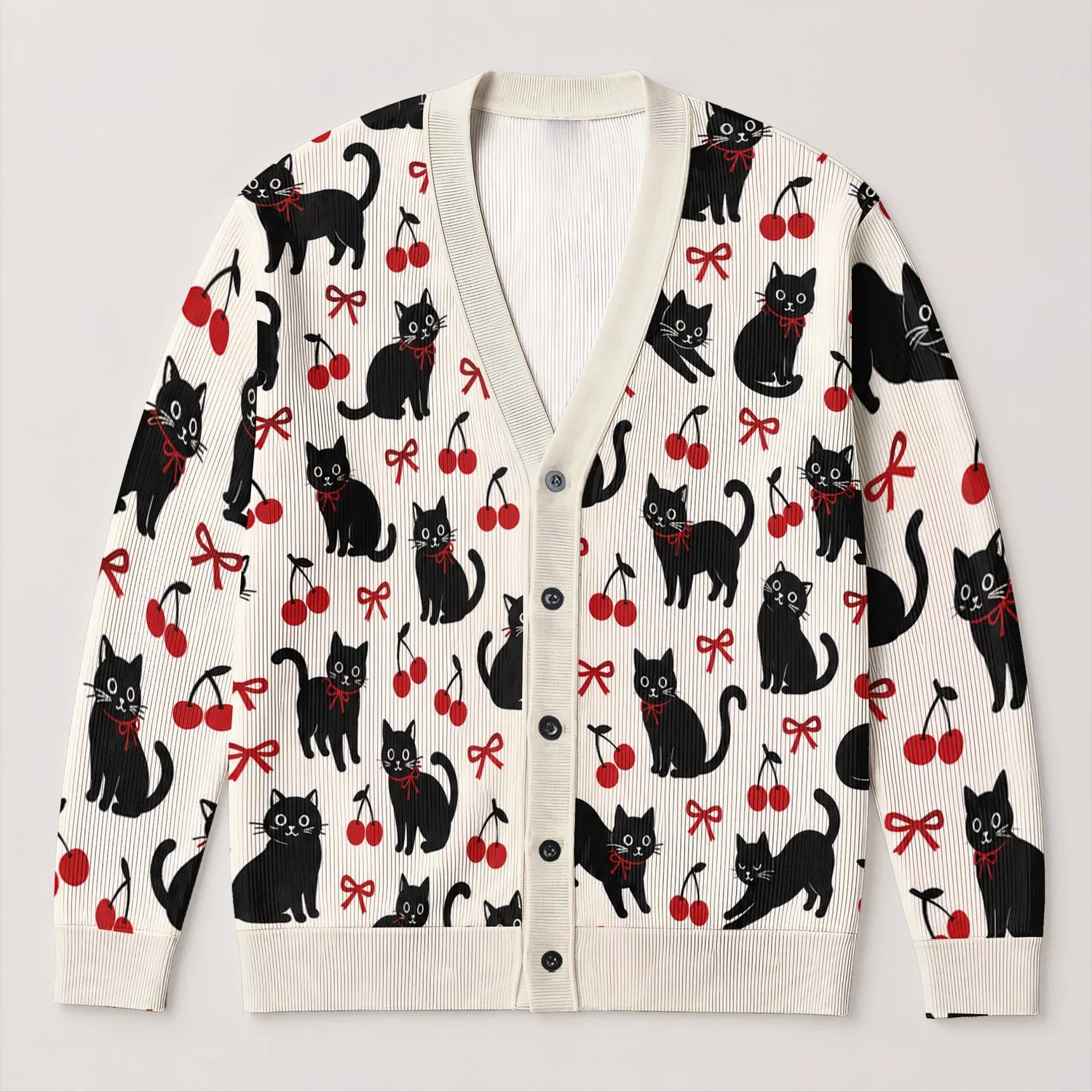 Black Cat And Cherry Motifs For Playful Halloween Autumn Everyday Style All-over Print Knitted Cardigan - 1
