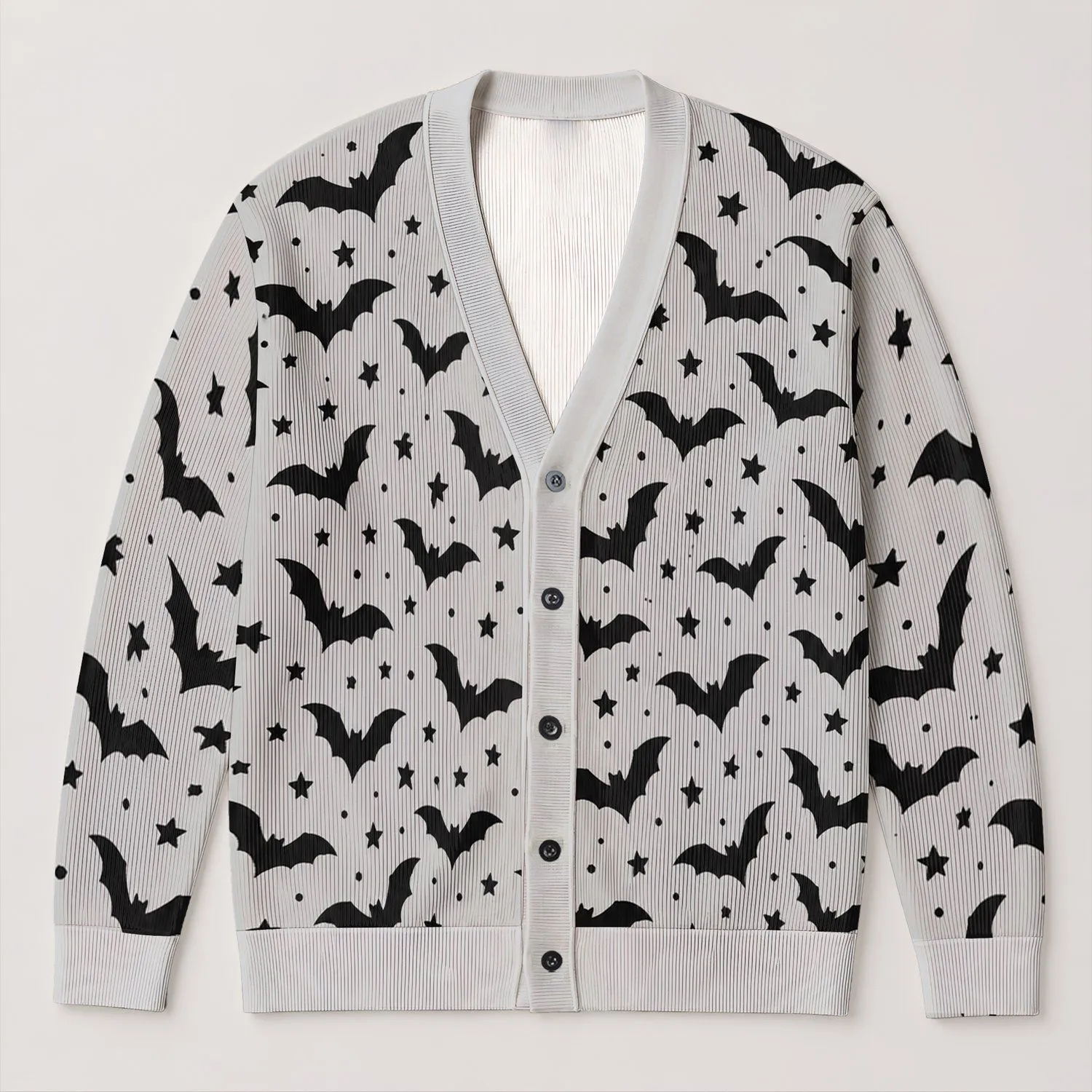 Black Bat And Star Motifs For Spooky Season Everyday Layering All-over Print Knitted Cardigan - 1