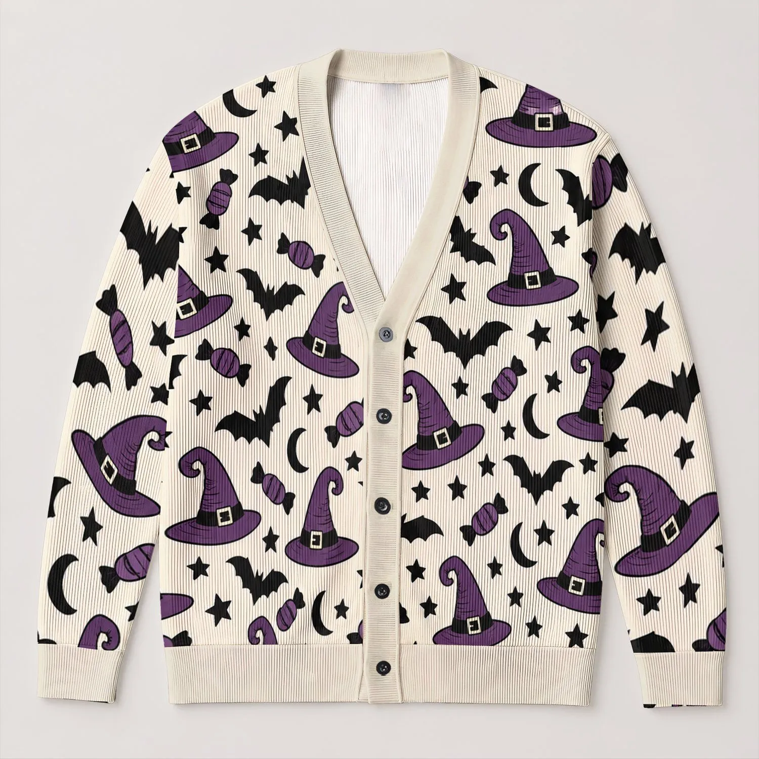 Purple Witch Hats, Bats and Stars for Halloween Nights and Spooky Season All-over Print Knitted Cardigan - 1