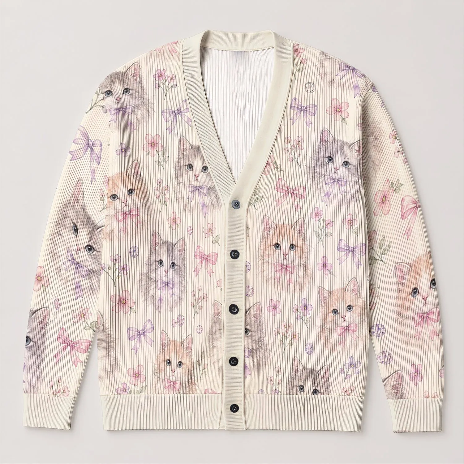 Pastel Kitten and Ribbon Motifs for Cozy Autumn Layering and Whimsical Everyday Style All-over Print Knitted Cardigan - 1