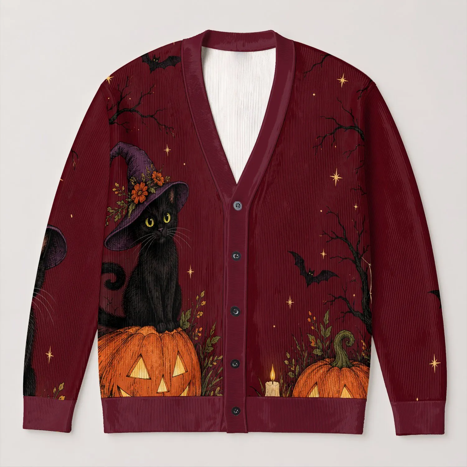 Witch Hat Cat and Jack-O’-Lanterns for Cozy Halloween Nights and Autumn Gatherings All-over Print Knitted Cardigan - 1