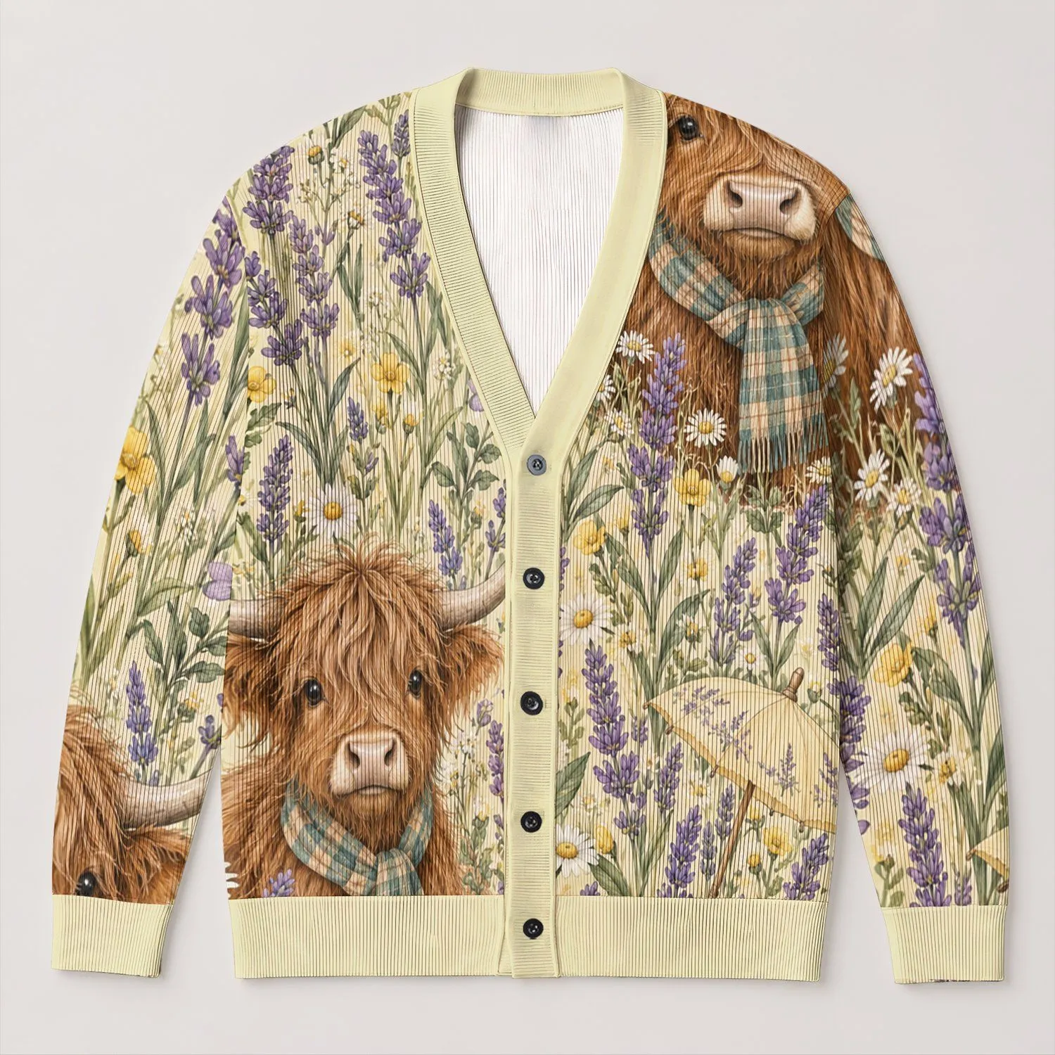 Highland Cow And Lavender Meadow Charm For Relaxed Countryside Days Women All-over Print Knitted Cardigan - 1