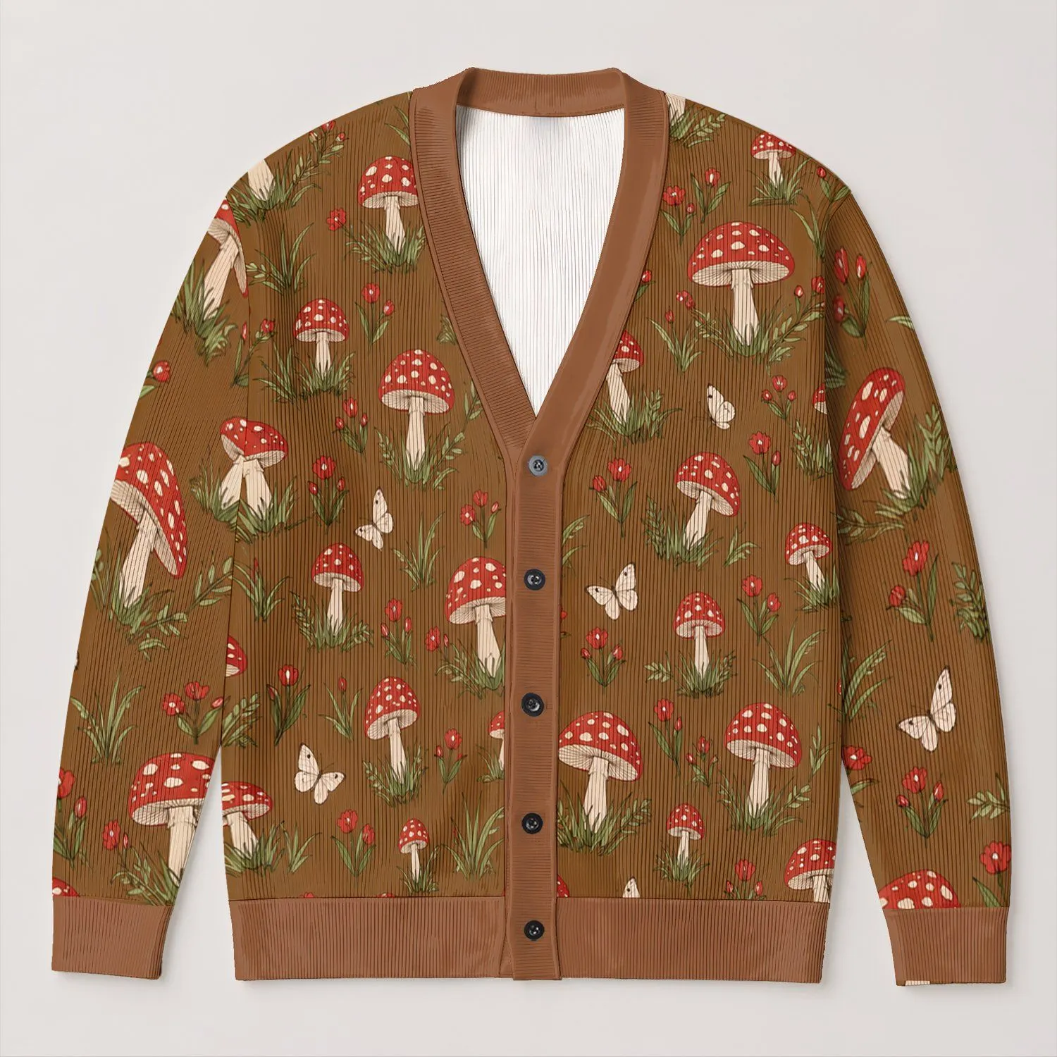 Red Toadstool Meadow Motifs for Cozy Autumn Woodland Days and Nature Lovers All-over Print Knitted Cardigan - 1
