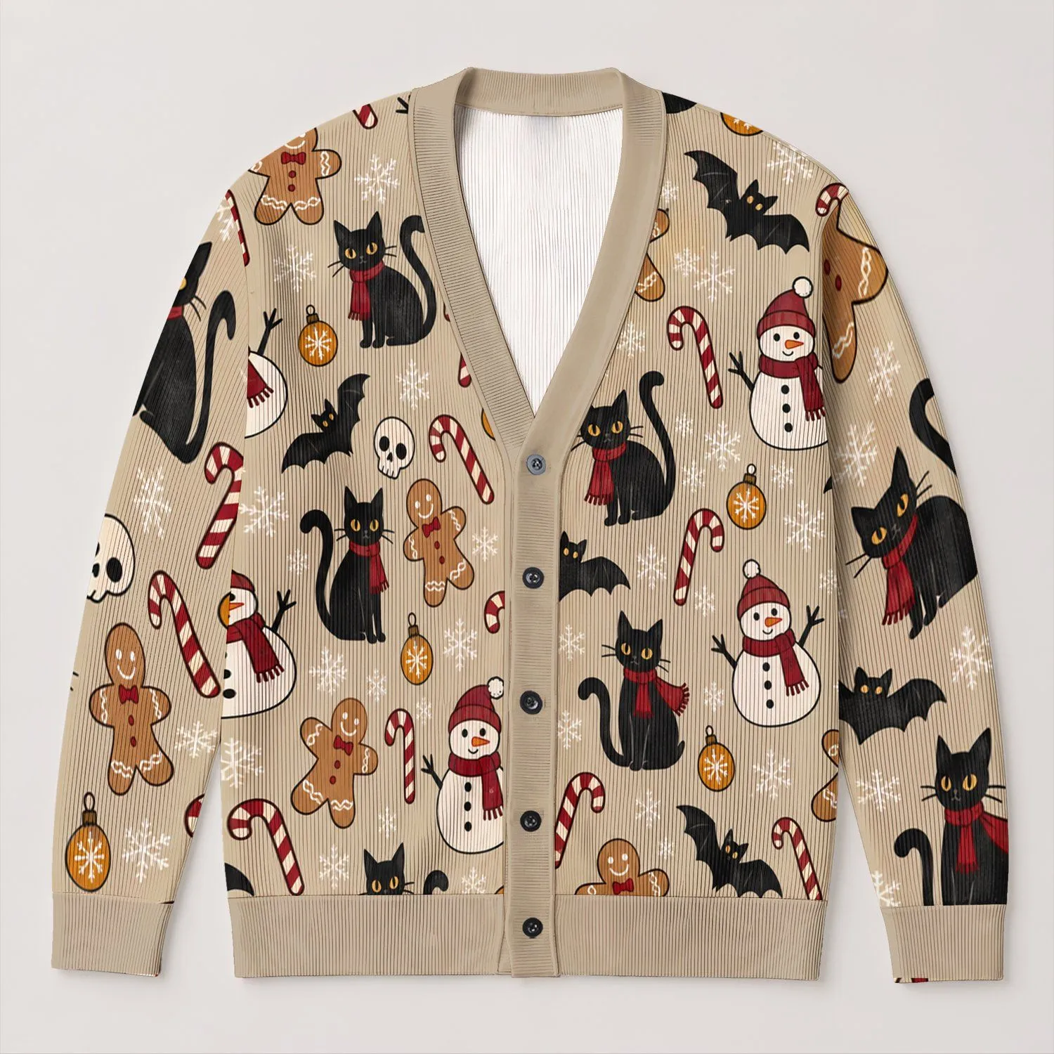 Spooky Christmas Cats, Bats and Candy Canes for Cozy Holiday Season Style All-over Print Knitted Cardigan - 1