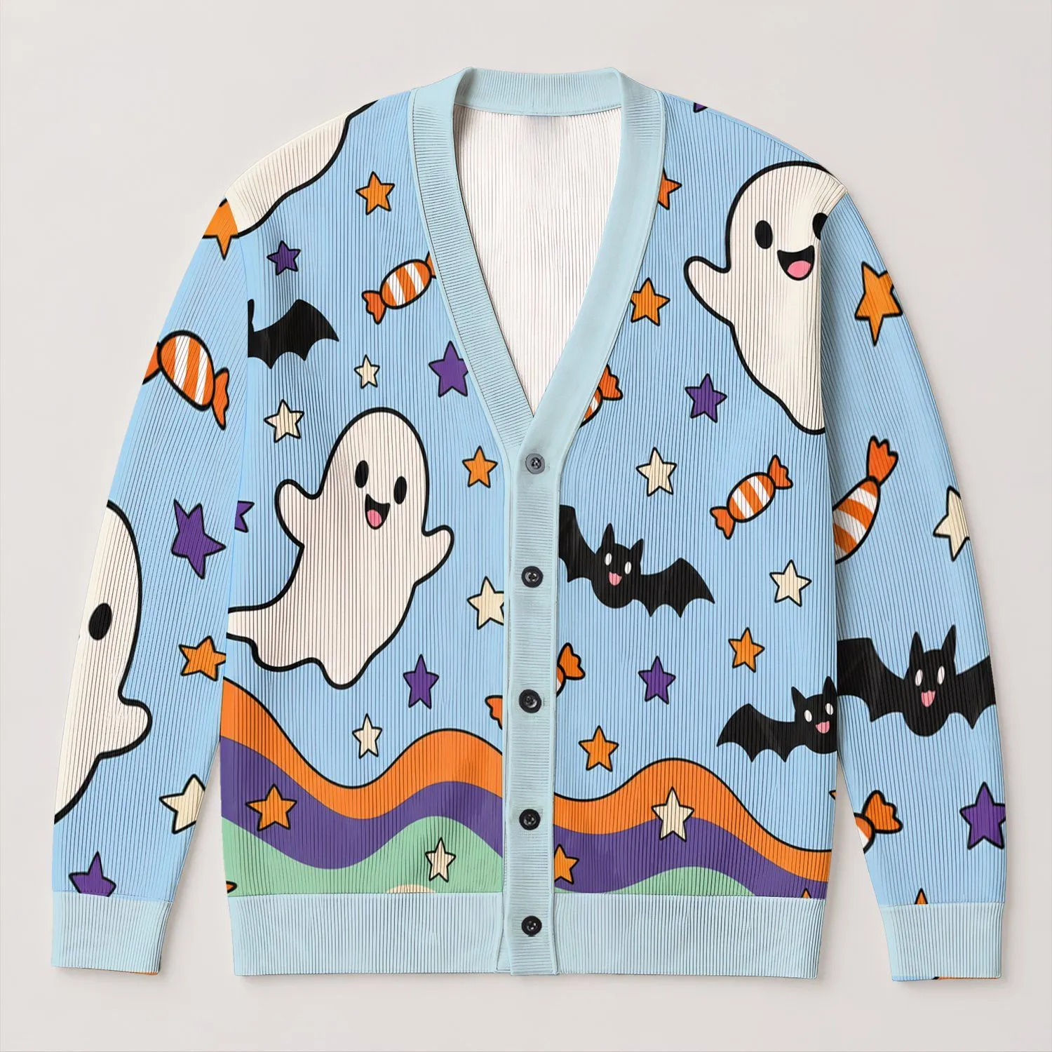 Ghost Bat Candy And Star Halloween Whimsy For Cozy Autumn Nights And Festive Seasonal Wear All-over Print Knitted Cardigan - 1