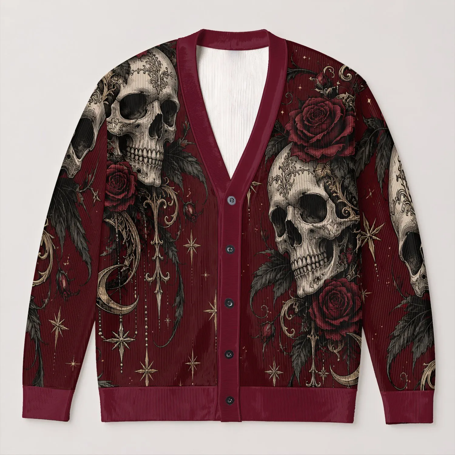 Gothic Skull and Rose Motifs for Autumn Layering and Everyday Alternative Style All-over Print Knitted Cardigan - 1