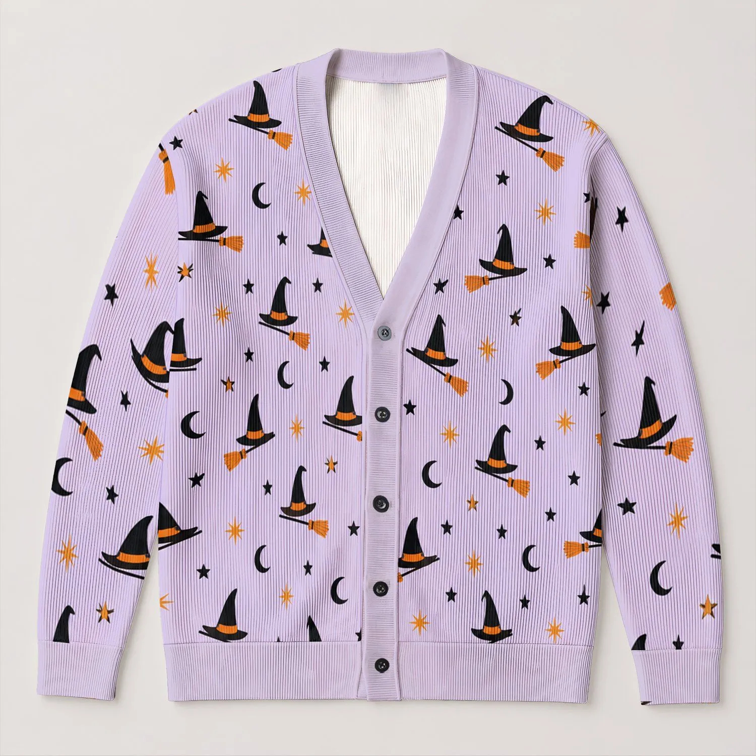 Witch Hats, Brooms, Moons and Stars for Cozy Autumn Nights and Halloween Fans All-over Print Knitted Cardigan - 1