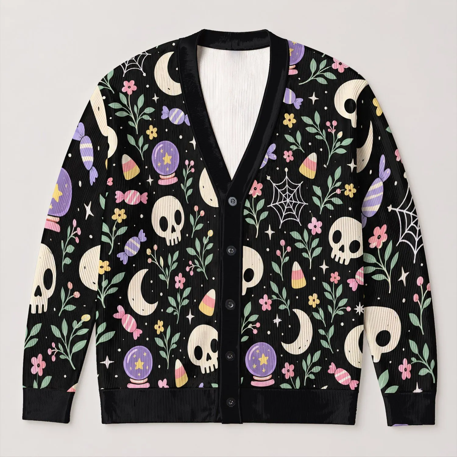 Pastel Skulls, Crescent Moons And Candy for Playful Autumn Nights and Seasonal Style All-over Print Knitted Cardigan - 1