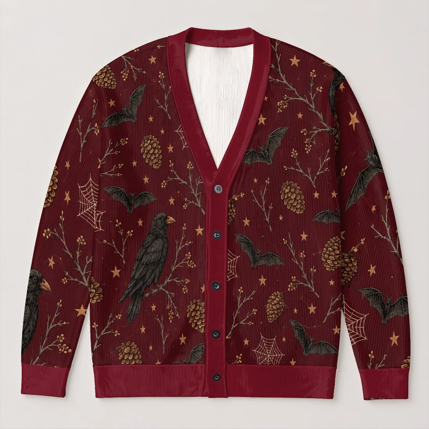 Raven Pinecone And Spiderweb Autumn Night Motifs For Cozy Seasonal Everyday Layering All-over Print Knitted Cardigan - 1
