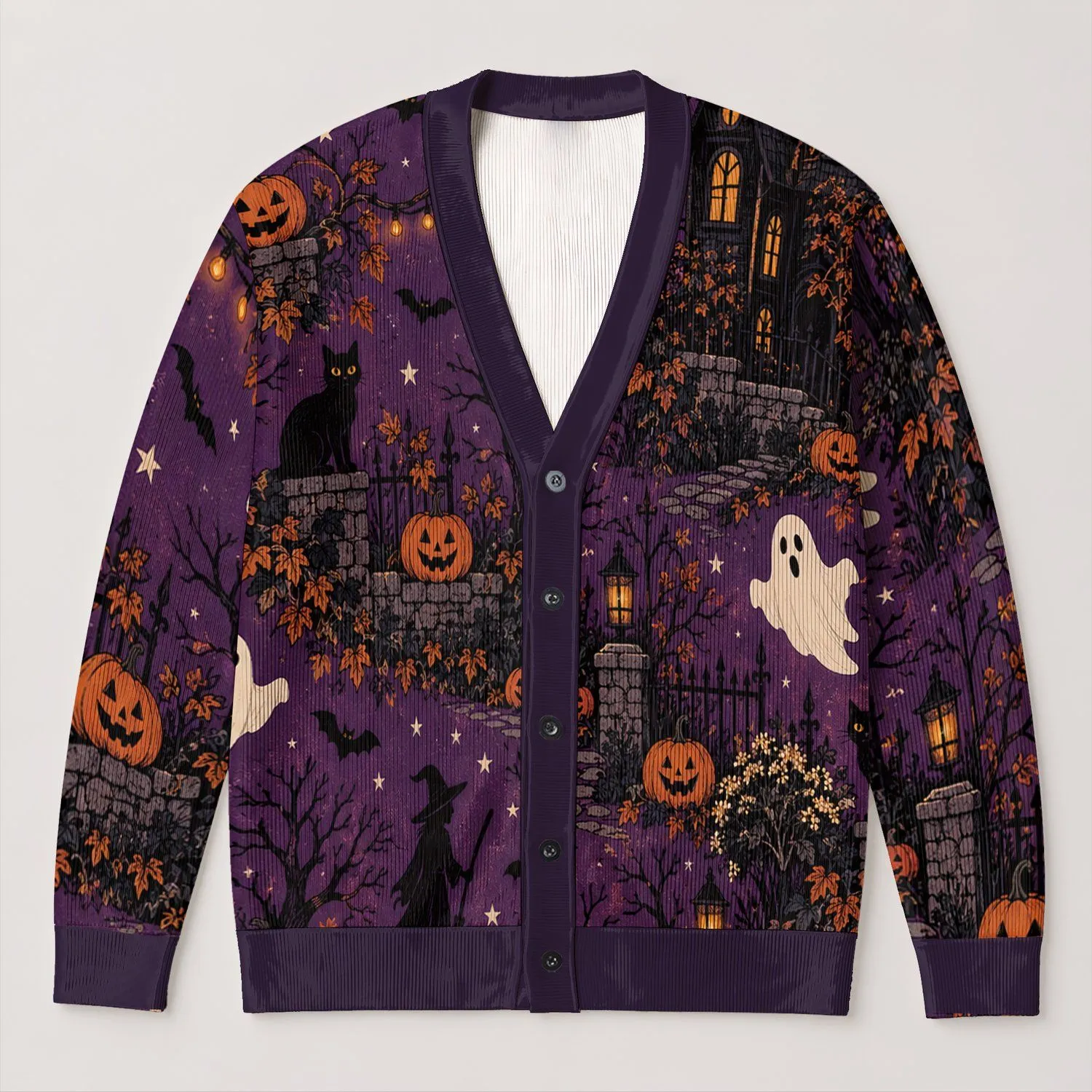 Ghosts Pumpkins Haunted House Halloween Night for Spooky Season Gatherings All-over Print Knitted Cardigan - 1