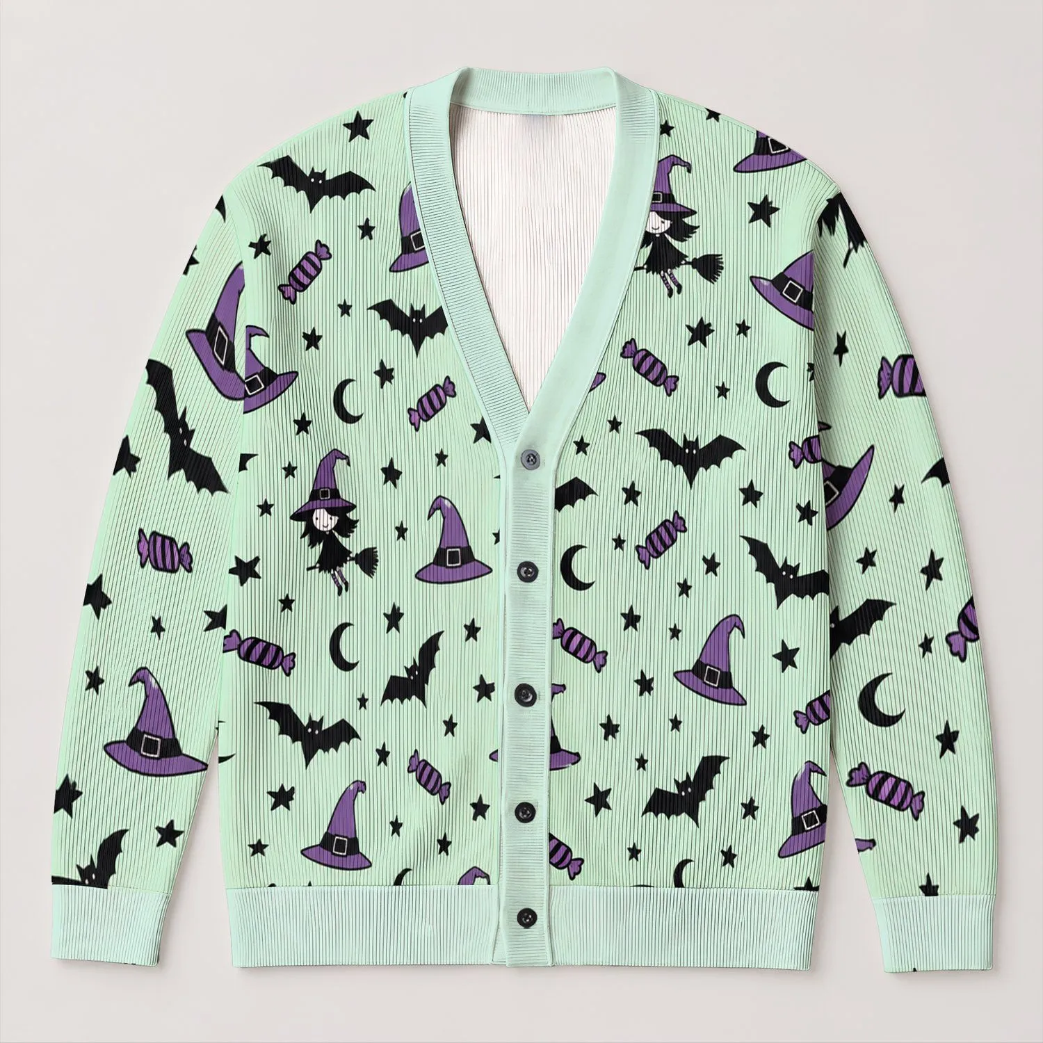Halloween Bats, Witch Hats and Purple Candy for Spooky Season Layering for Women All-over Print Knitted Cardigan - 1