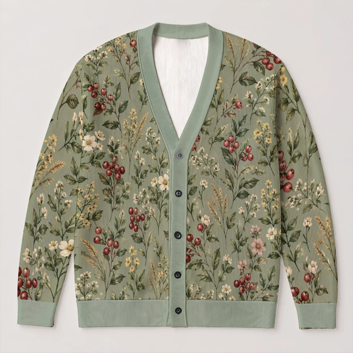 Wild Berry and Meadow Flower Motifs for Cozy Autumn Layering and Nature Lovers All-over Print Knitted Cardigan - 1