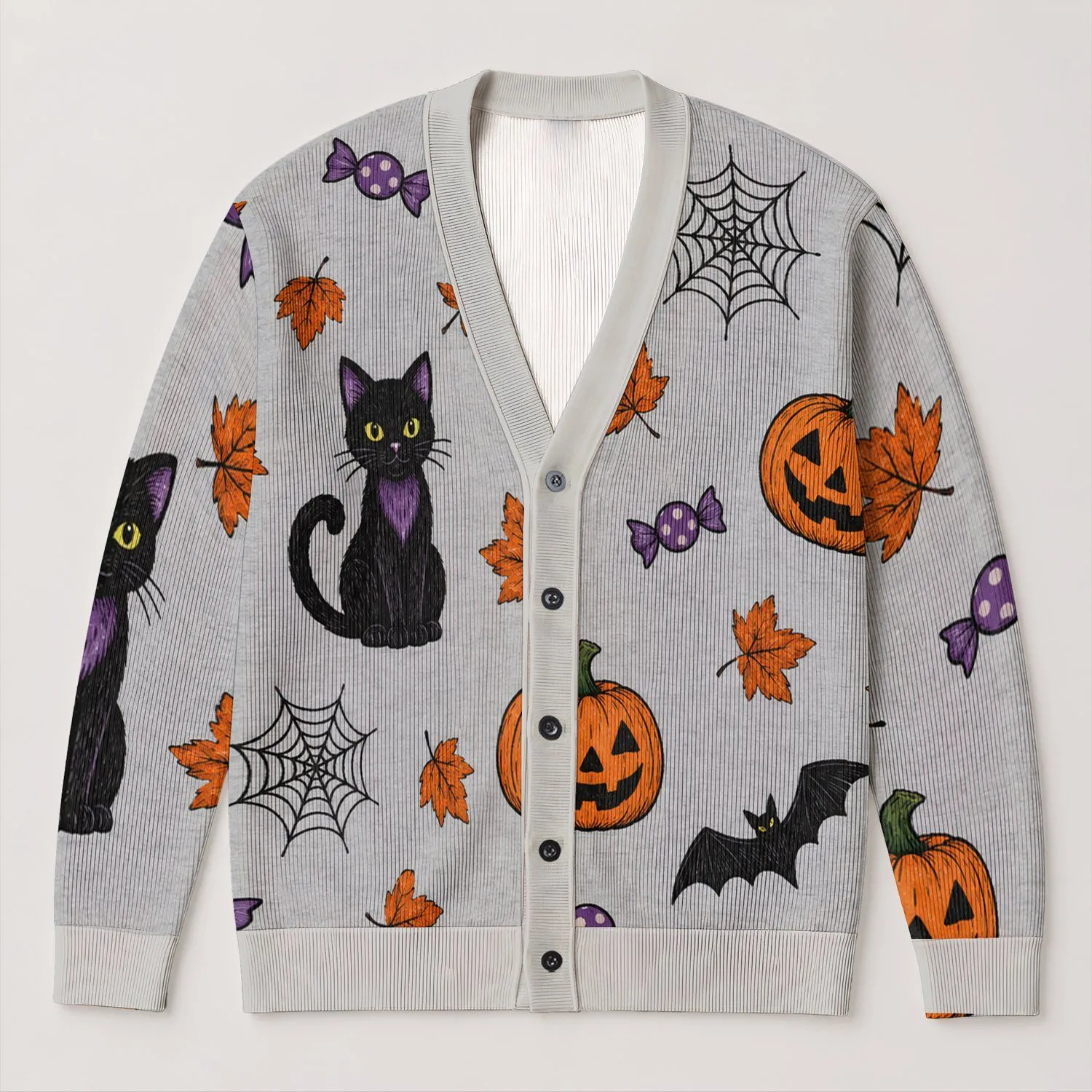 Halloween Pumpkins, Black Cat And Bats For Cozy Autumn Celebrations All-over Print Knitted Cardigan - 1