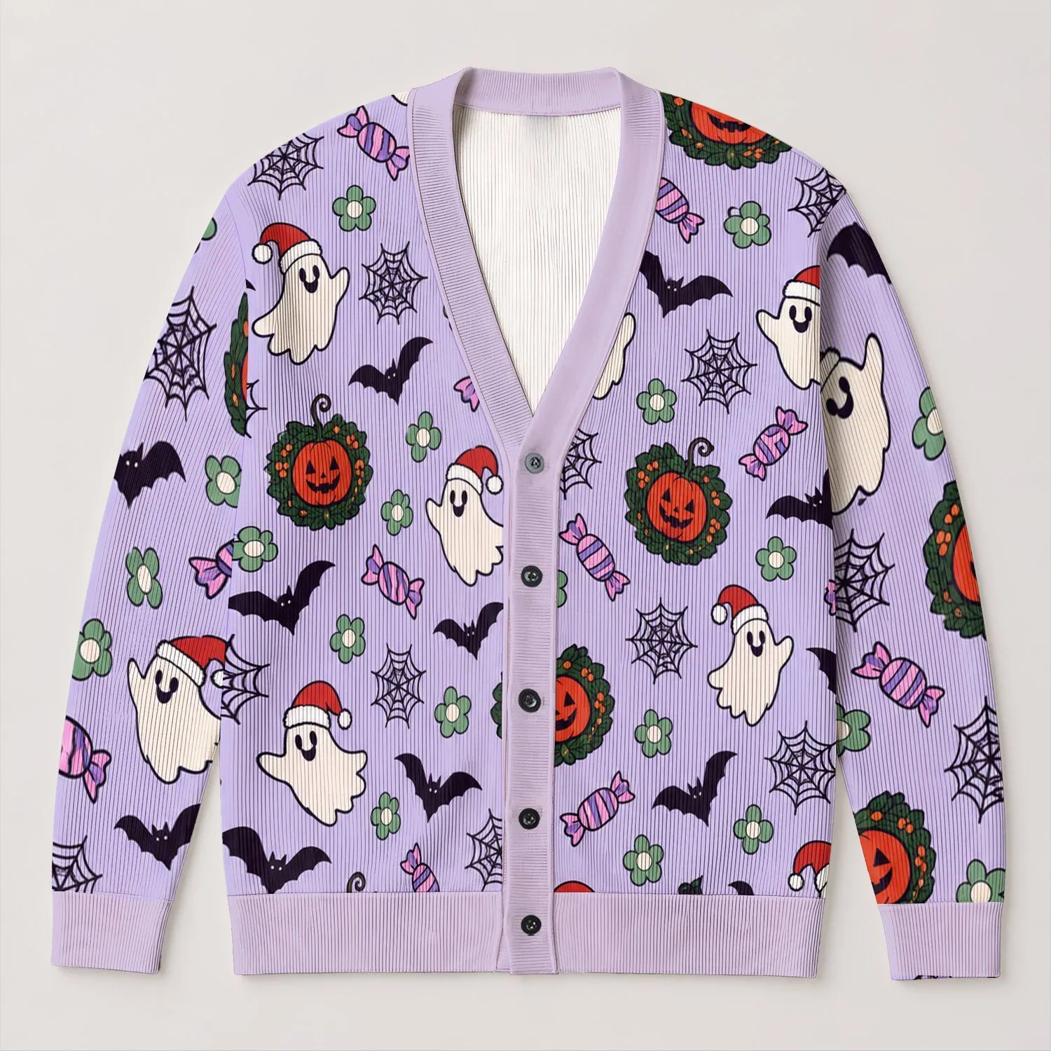 Halloween Ghosts, Pumpkins, Bats And Candy For Cozy October Nights And Gatherings All-over Print Knitted Cardigan - 1