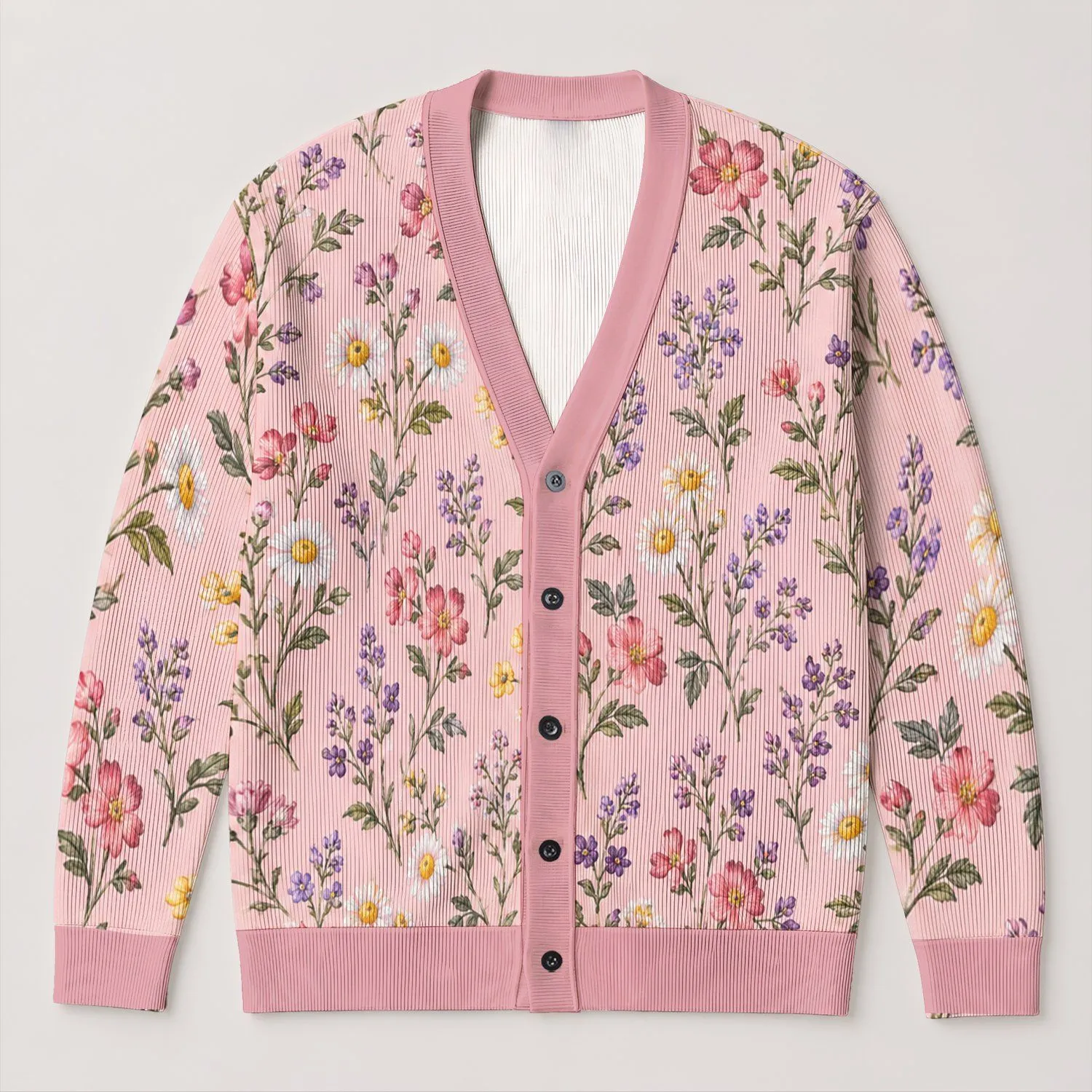 Soft Pink Wildflower Blooms for Romantic Everyday Layering and Springtime Outings All-over Print Knitted Cardigan - 1