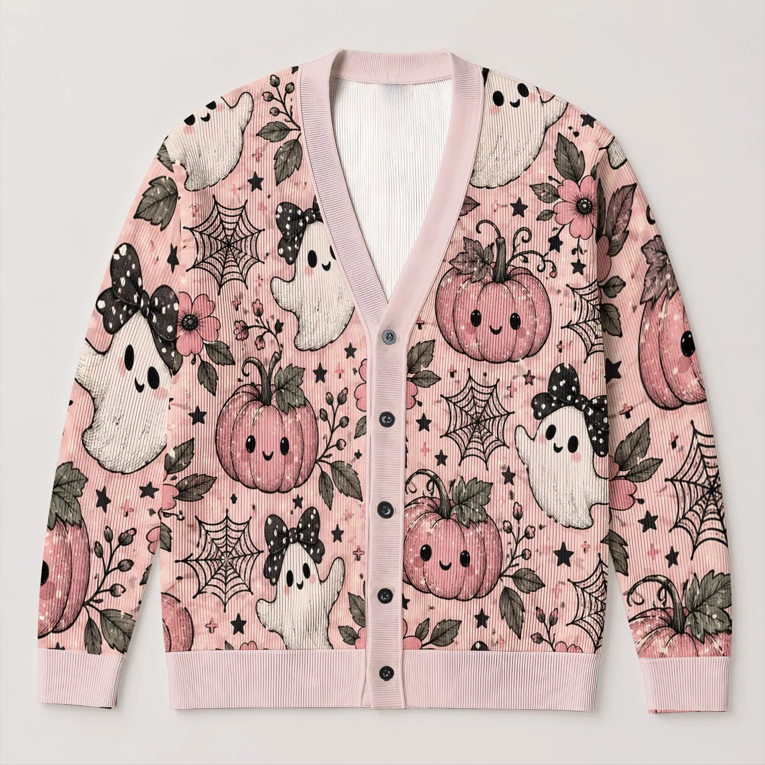 Cute Pink Pumpkin Ghosts And Spiderwebs For Cozy Autumn Halloween Outings All-over Print Knitted Cardigan - 1
