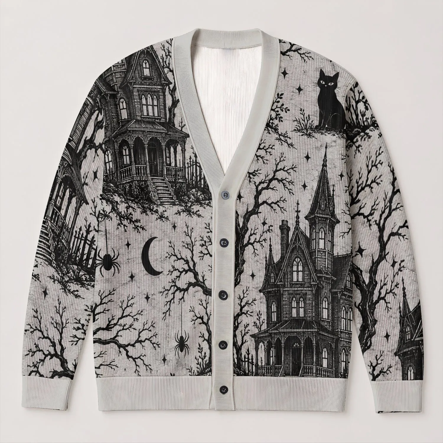 Haunted House Cats and Crescent Moons for Halloween Nighttime Layering All-over Print Knitted Cardigan - 1