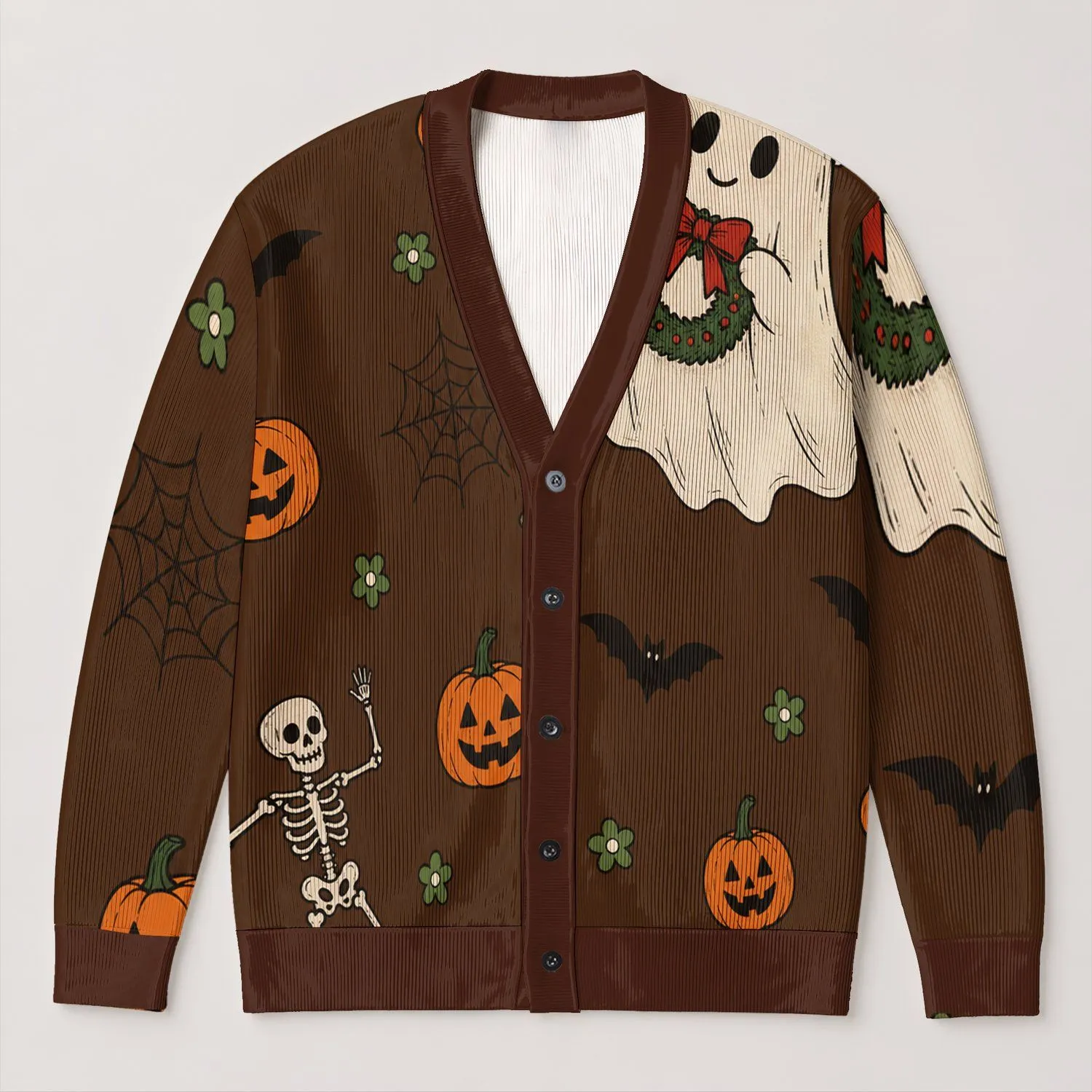 Halloween Ghost And Jack-O'-Lantern Motifs For Cozy Autumn Nights And Parties All-over Print Knitted Cardigan - 1