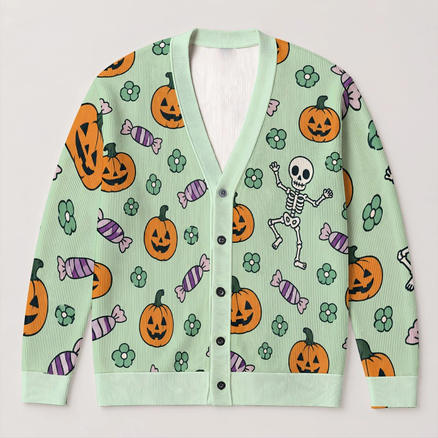 Halloween Pumpkins Candy Skeleton Flowers for Cozy Spooky Autumn Celebrations for Women All-over Print Knitted Cardigan - 1