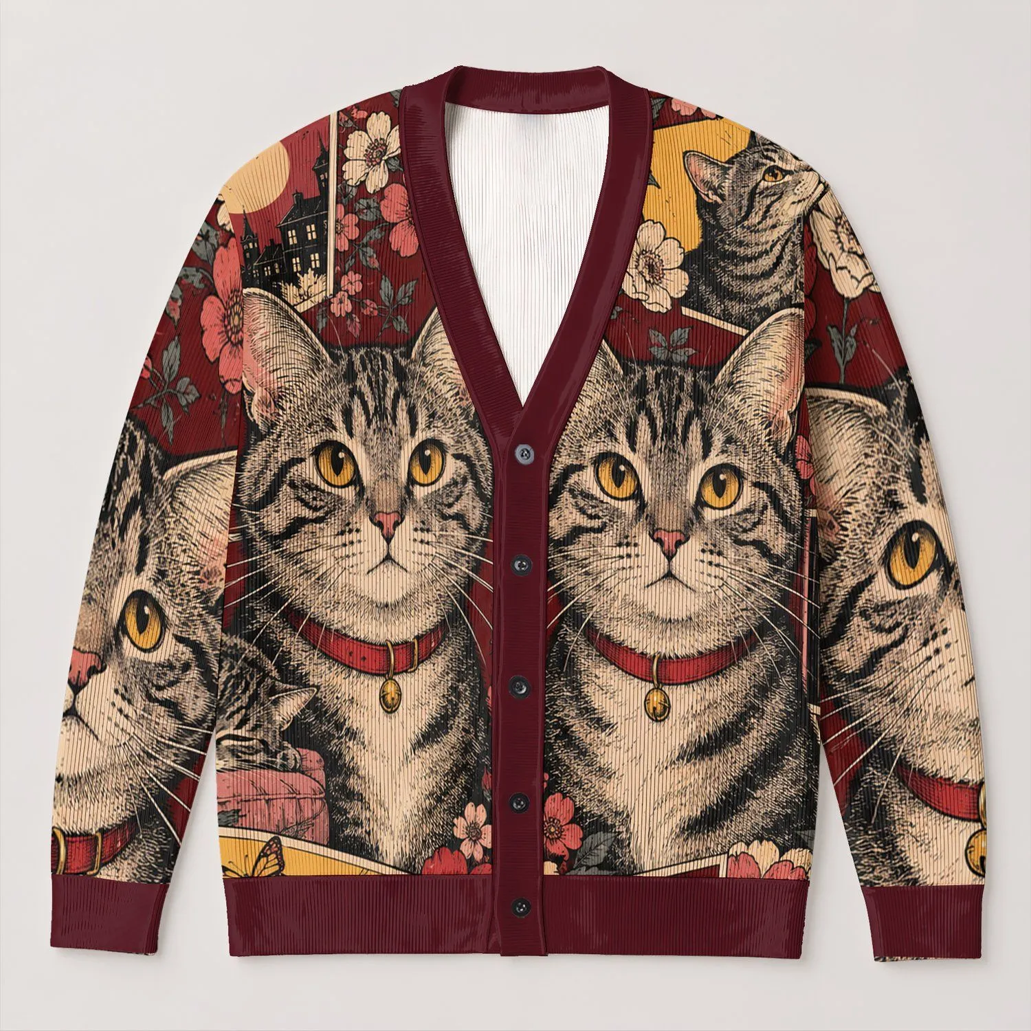 Vintage Tabby Cat Comic Collage for Halloween Season and Everyday Cat Lovers All-over Print Knitted Cardigan - 1