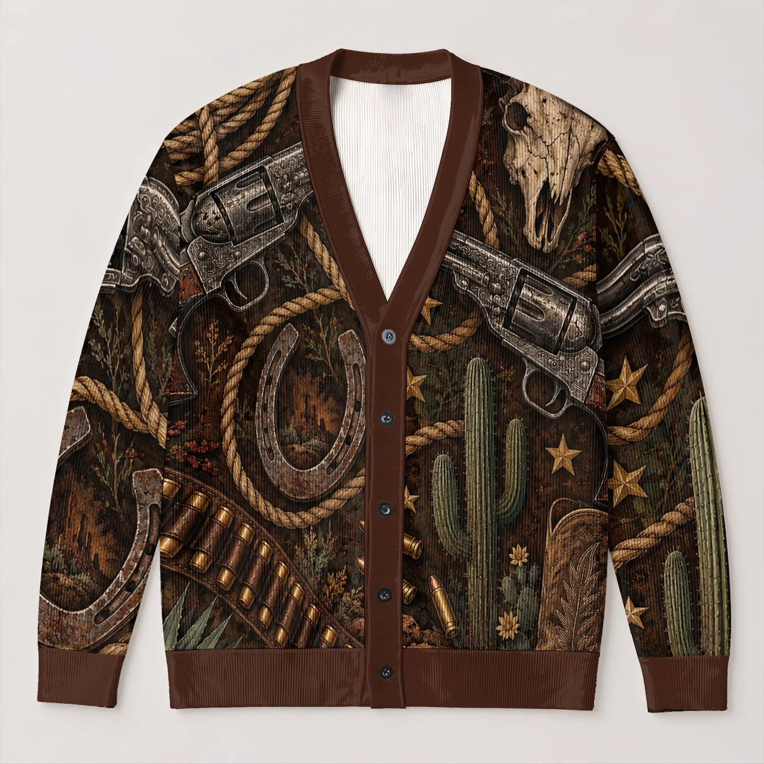 Rope Wheel Cowboy Western Motifs for Autumn Ranch Nights and Casual Country Style All-over Print Knitted Cardigan - 1