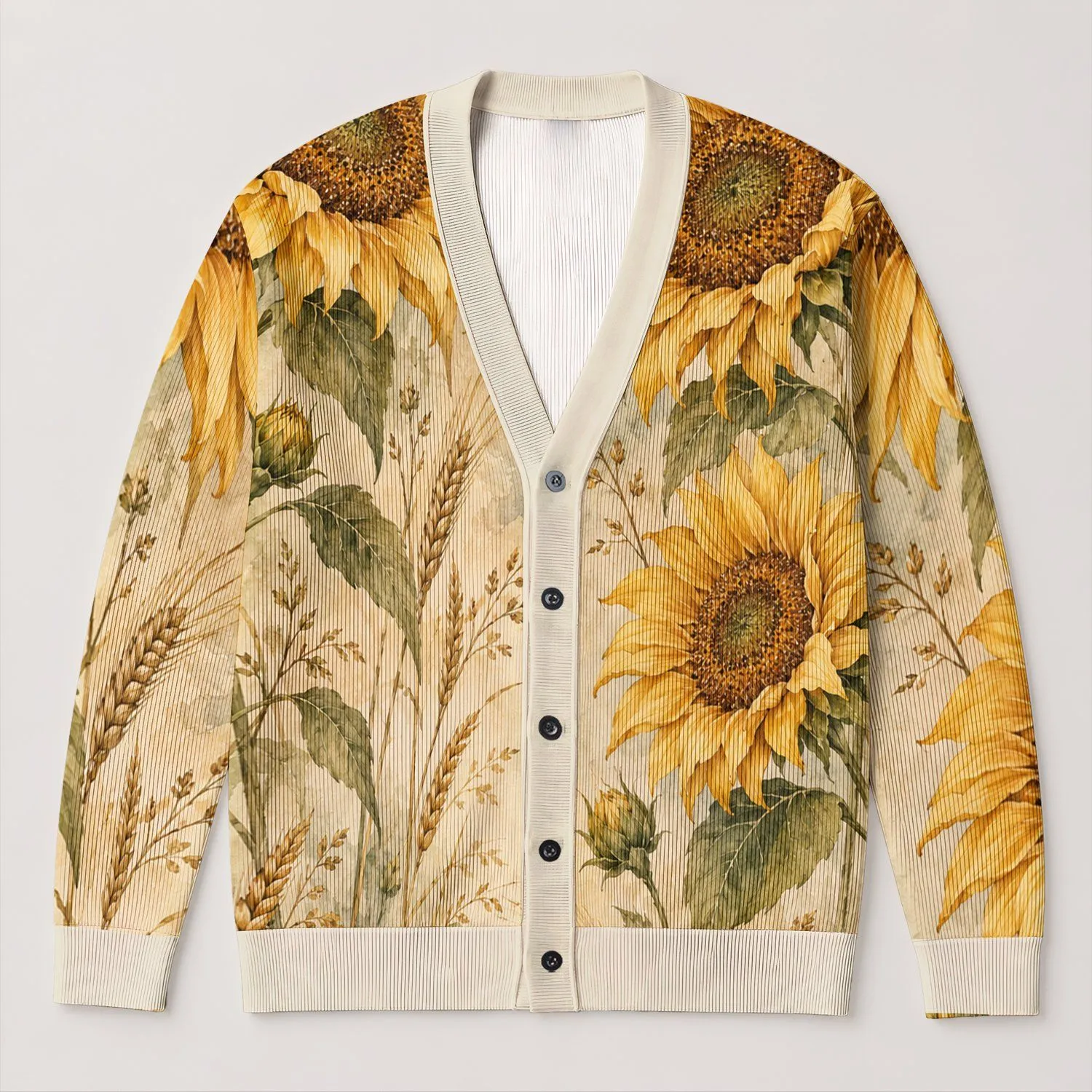 Vintage Sunflowers And Wheat For Cozy Autumn Layering, Warm Botanical Style For Women All-over Print Knitted Cardigan - 1
