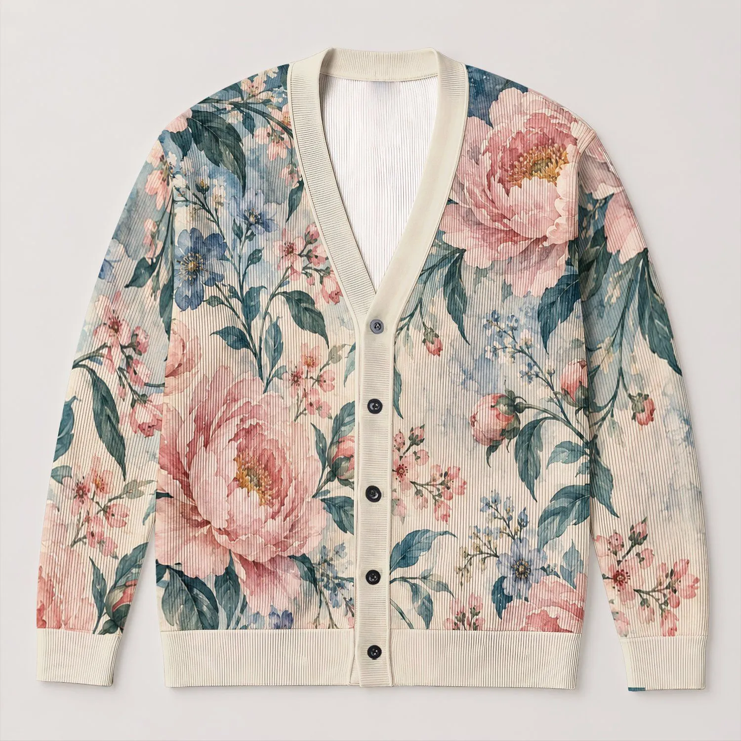 Vintage Watercolor Peony Blooms for Cozy Autumn Layering and Romantic Everyday Style All-over Print Knitted Cardigan - 1