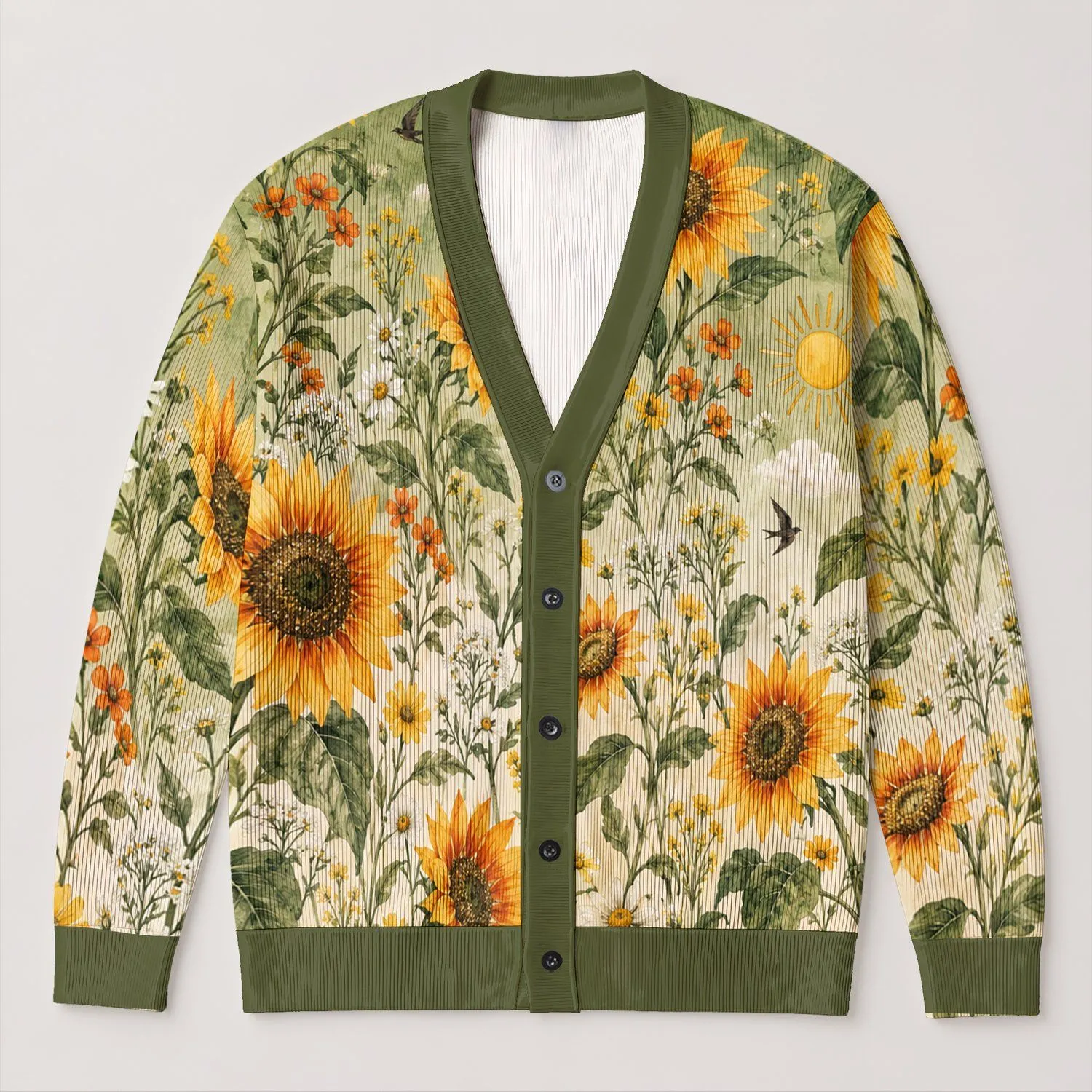 Sunflower Meadow Blooms for Cozy Autumn Layering and Everyday Nature-Inspired Style All-over Print Knitted Cardigan - 1