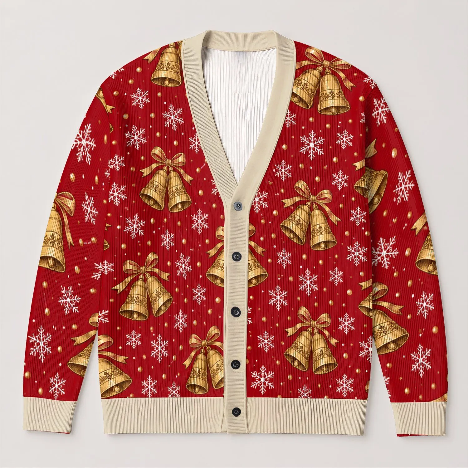 Golden Christmas Bells and Snowflakes for Cozy Holiday Gatherings and Winter Cheer All-over Print Knitted Cardigan - 1