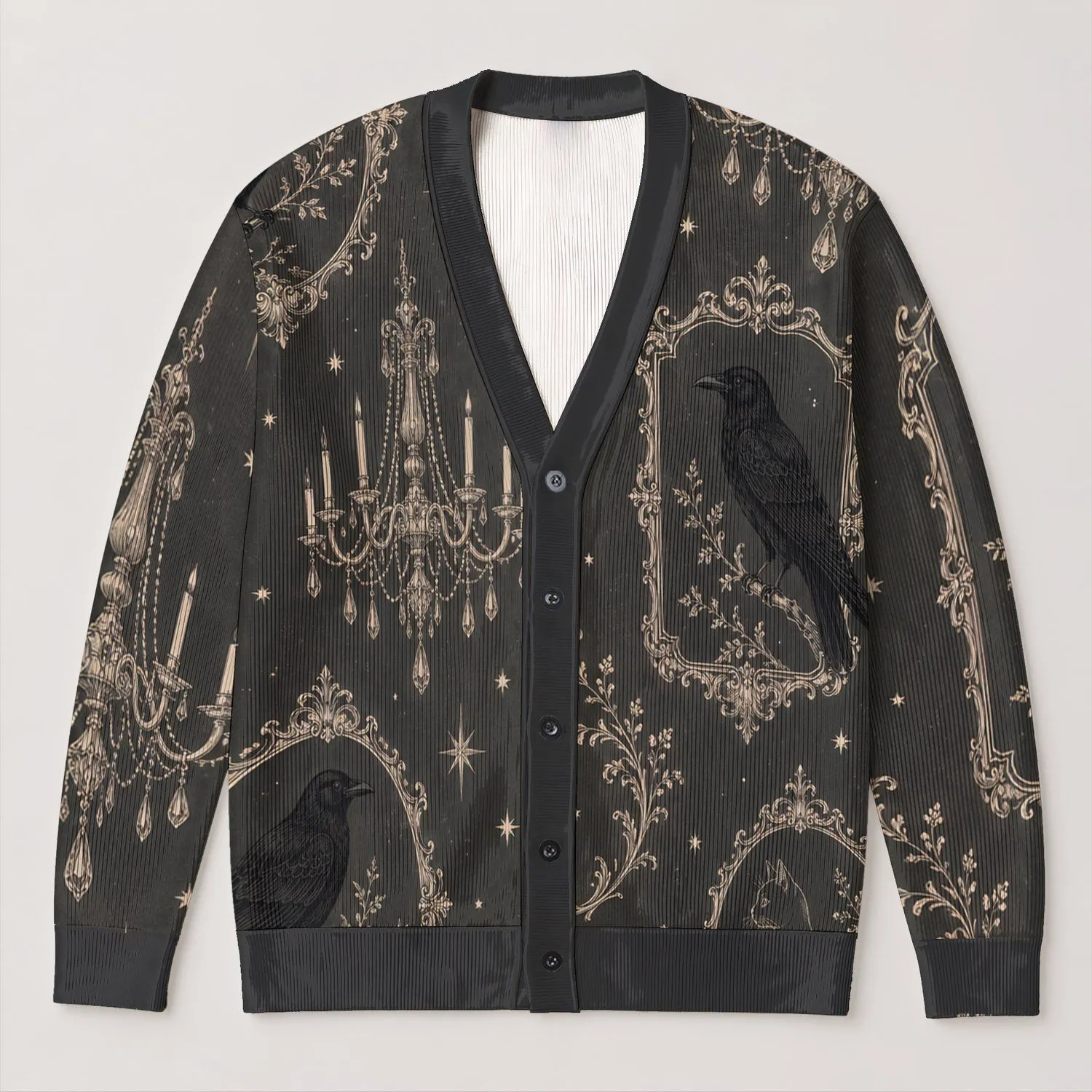 Raven and Chandelier Motifs for Dark Academia Halloween Style and Autumn Outings All-over Print Knitted Cardigan - 1