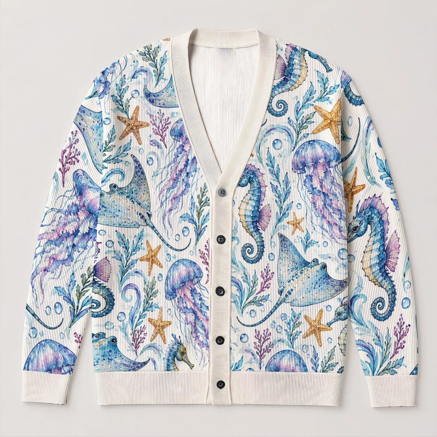 Seahorse Starfish Jellyfish And Ray Ocean Life For Coastal Everyday Style All-over Print Knitted Cardigan - 1
